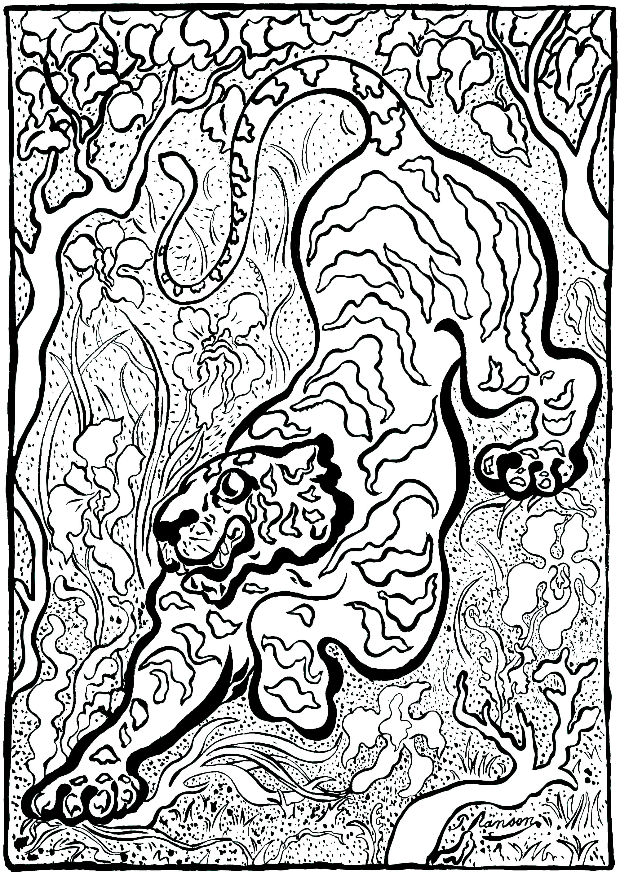 Ausmalbild nach Paul-Élie Ransons Kunstwerk 'Tiger im Dschungel' (1883) - Version 1 (einfach). Paul-Élie Ranson, der zur Gruppe 'Les Nabis' gehört, hat einen originellen Stil mit symbolistischen und esoterischen Anklängen entwickelt.Die Nabis-Bewegung, die in der Geschichte des Postimpressionismus verankert ist, aber mit dem Impressionismus bricht, tritt für eine Rückkehr zur Fantasie und Subjektivität ein.