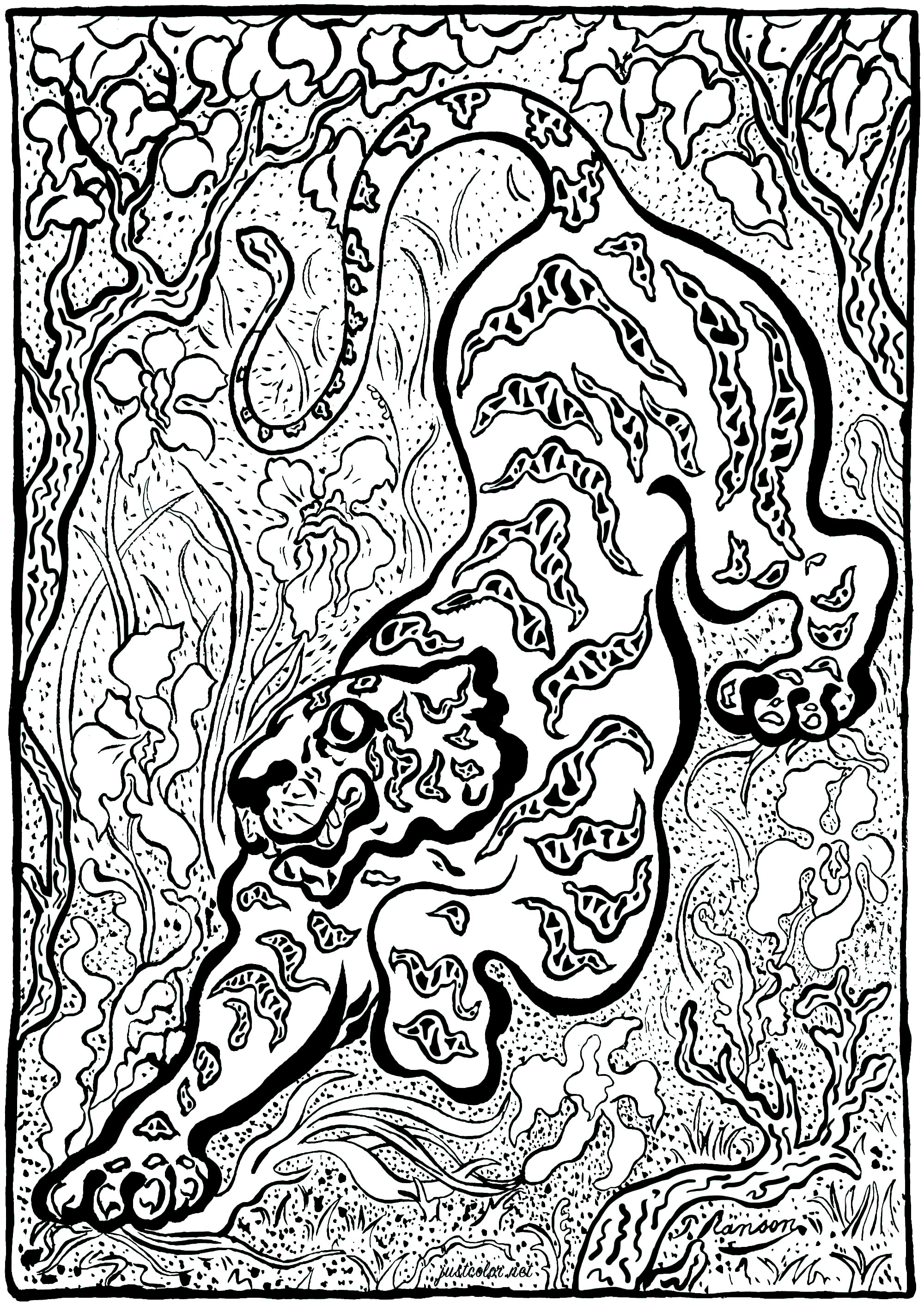 Ausmalen nach 'Tigre dans les jungles' von Paul-Élie Ranson (1883) - Version 2 (komplex). Paul-Élie Ranson, Mitglied der Nabis-Gruppe, entwickelte einen originellen Stil mit symbolistischen und esoterischen Anklängen.Die Nabi-Bewegung, die in der Geschichte des Postimpressionismus verankert ist, aber im Gegensatz zum Impressionismus steht, tritt für eine Rückkehr zum Imaginären und zur Subjektivität ein. Ausmalen nach 'Tigre dans les jungles' von Paul-Élie Ranson (1883) - Version 2 (komplex). Paul-Élie Ranson, Mitglied der Nabis-Gruppe, entwickelte einen originellen Stil mit symbolistischen und esoterischen Anklängen.Die Nabi-Bewegung, die in der Geschichte des Postimpressionismus verankert ist, aber im Gegensatz zum Impressionismus steht, tritt für eine Rückkehr zum Imaginären und zur Subjektivität ein.