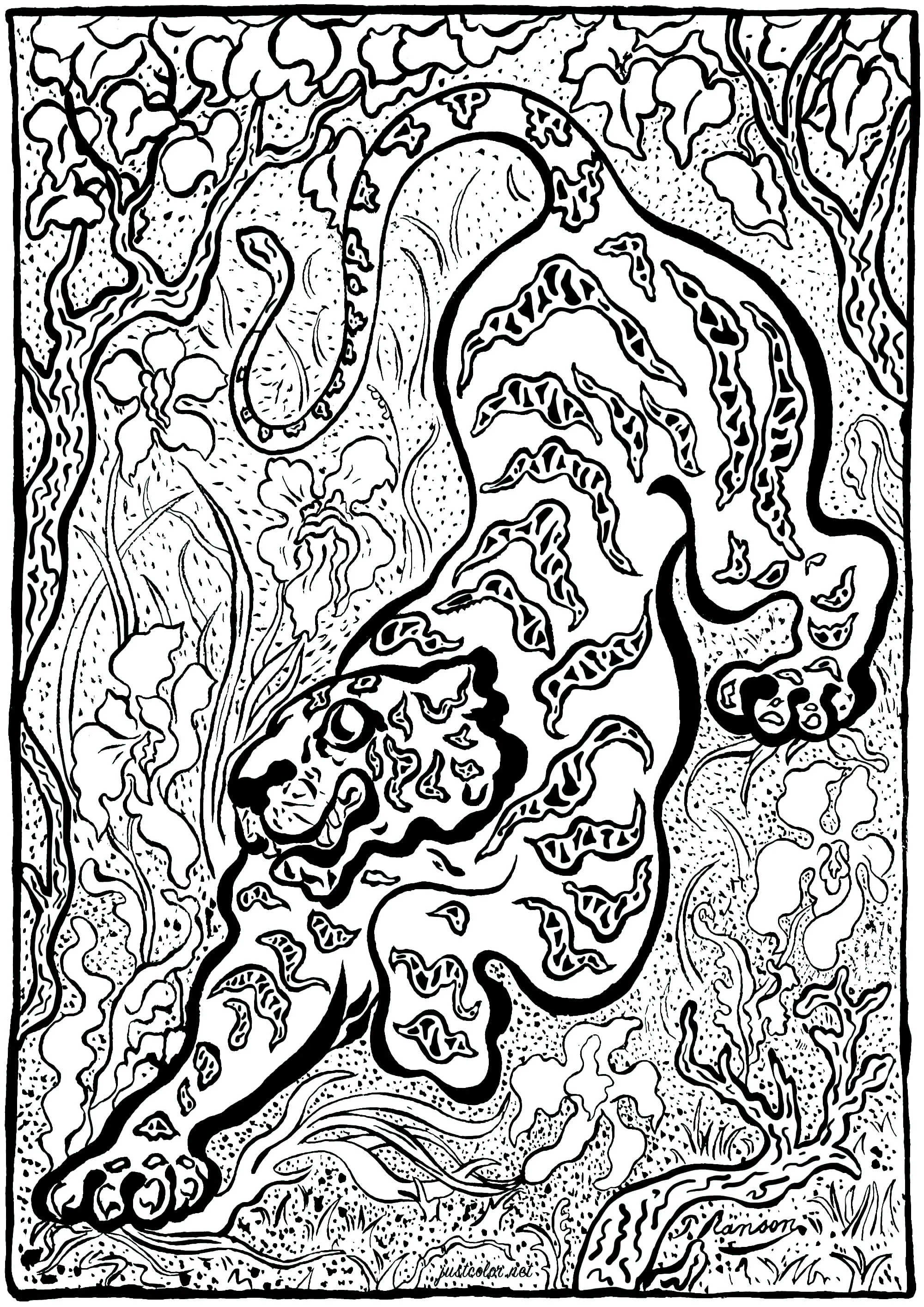 Paul-Élie Ranson - Tiger im Dschungel (Version 2) (Ausmalbild von Kunstwerk zum Ausdrucken und Ausmalen für Erwachsene)