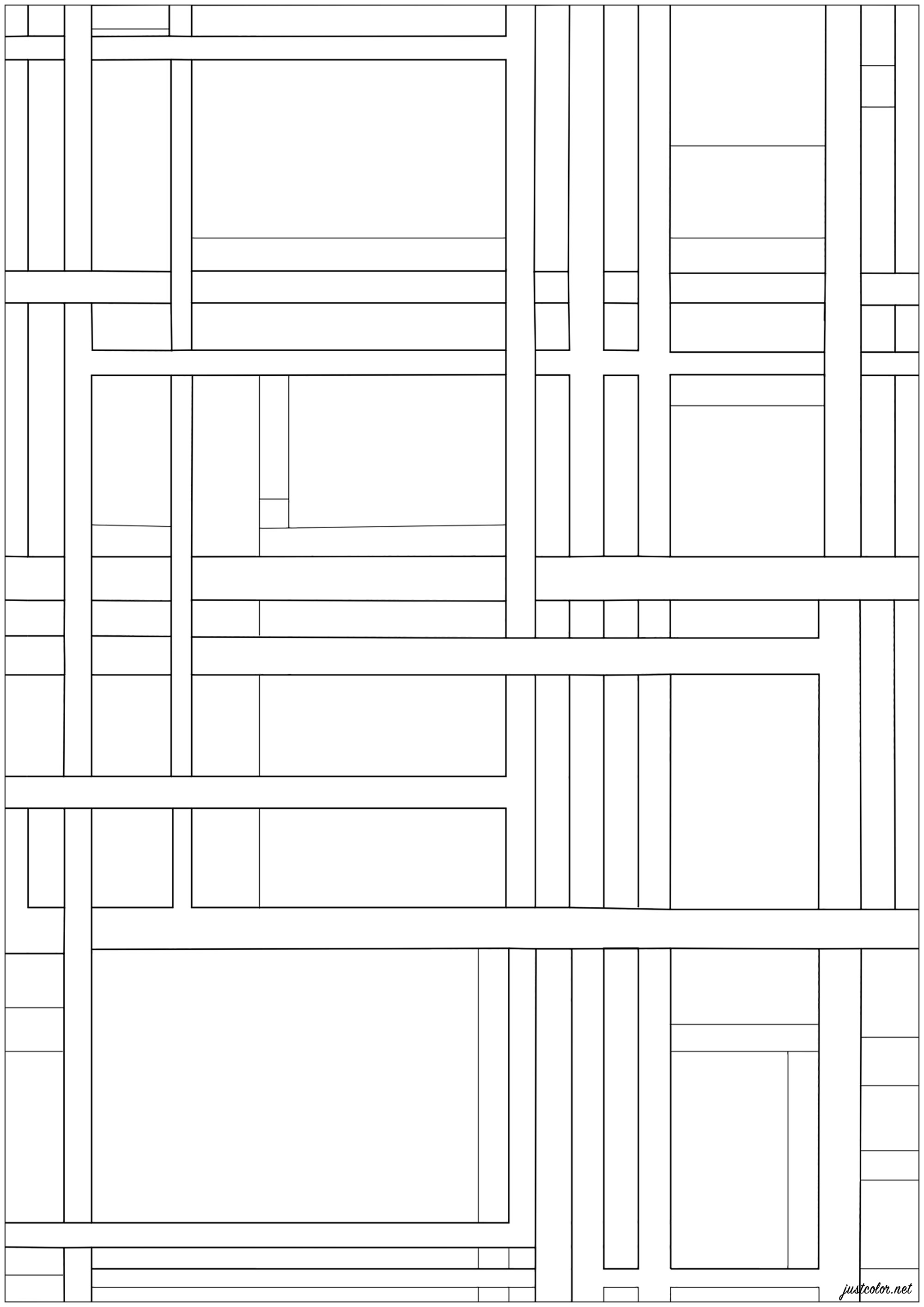 Ausmalen nach dem Gemälde 'Ville Rectangle' von Ilya Bolotowsky (1948). Die geordnete, rasterartige Komposition der Gemälde dieses Künstlers ist durch schwarze und weiße Linien unterschiedlicher Breite und rechteckige Flächen mit unmodulierten Primärfarben gekennzeichnet. Wie Mondrian bemühte sich Bolotowsky um ein Gleichgewicht zwischen Horizontalen und Vertikalen, das sowohl harmonisch als auch dynamisch war, Künstler : Ezekhiel L