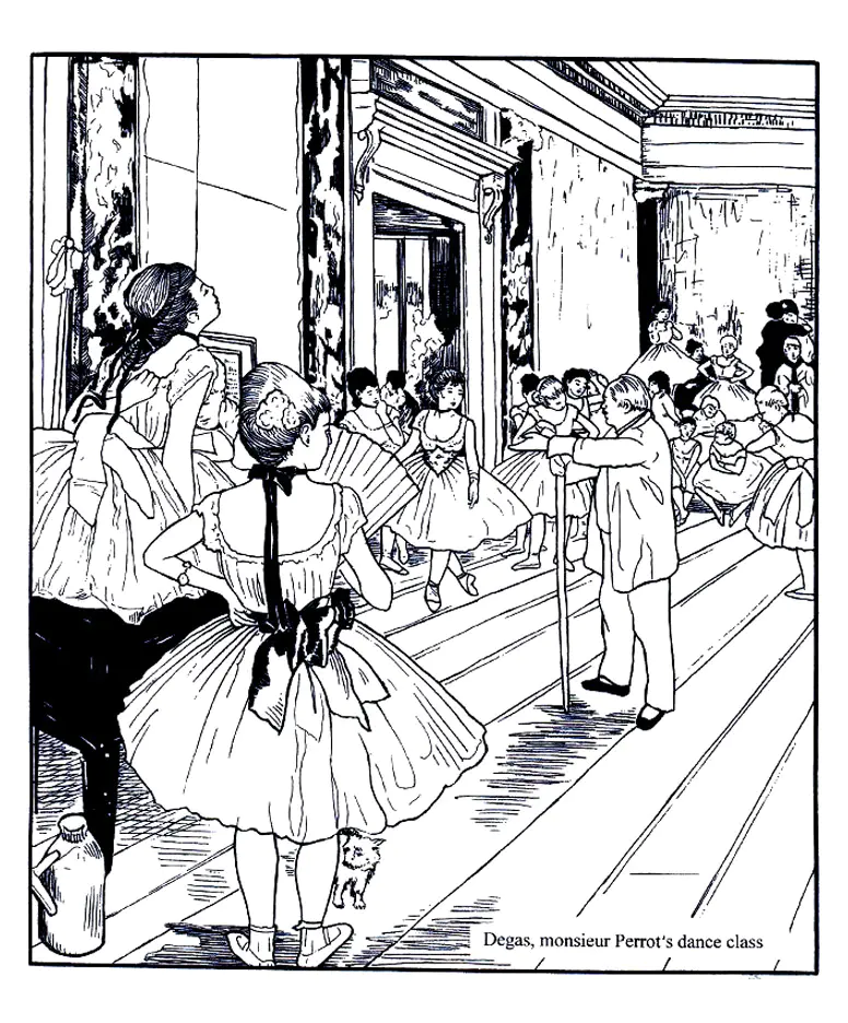Edgar Degas - Tanzklasse (Ausmalbild von Kunstwerk zum Ausdrucken und Ausmalen für Erwachsene)