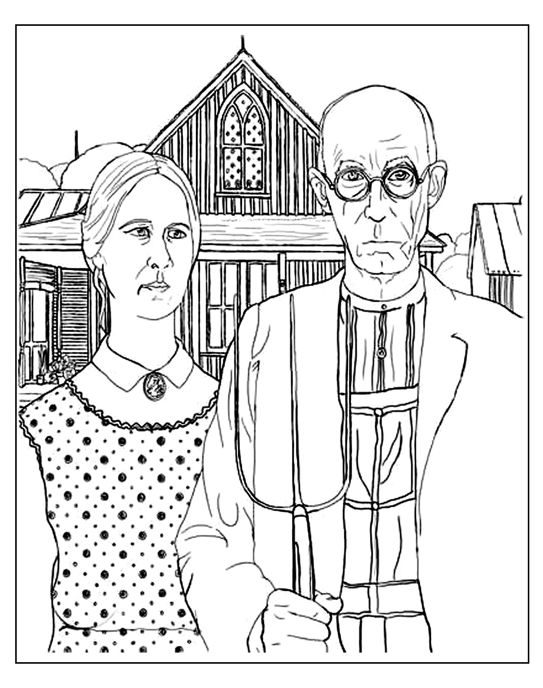 Malvorlage für Erwachsene zu American Gothic, dem berühmten Gemälde von Grant Wood, das den ländlichen amerikanischen Mittelwesten darstellt