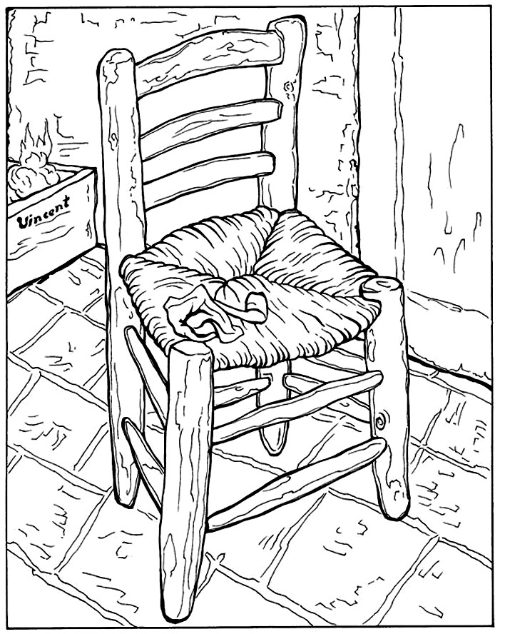 Ausmalbild nach Vincent's Chair with his pipe (1888) von Vincent Van Gogh. Vincent Van Gogh schuf mehrere Werke, die Stühle zum Thema haben. Ein bemerkenswertes Werk trägt den Titel 'Stuhl' und zeigt seine Fähigkeit, gewöhnlichen Gegenständen durch ausdrucksstarke Farben und kühne Pinselstriche emotionale Tiefe zu verleihen, indem er das alltägliche Objekt in ein Symbol der Selbstbetrachtung und künstlerischen Kontemplation verwandelt.