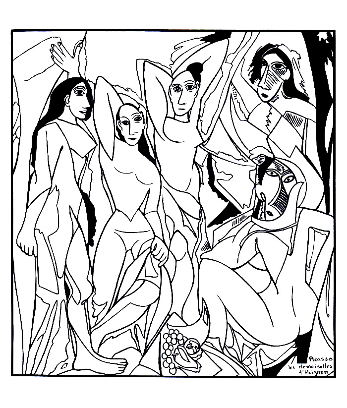 Malvorlage für Erwachsene, inspiriert von dem berühmten Gemälde von Picasso 'Les demoiselles d'Avignon'.