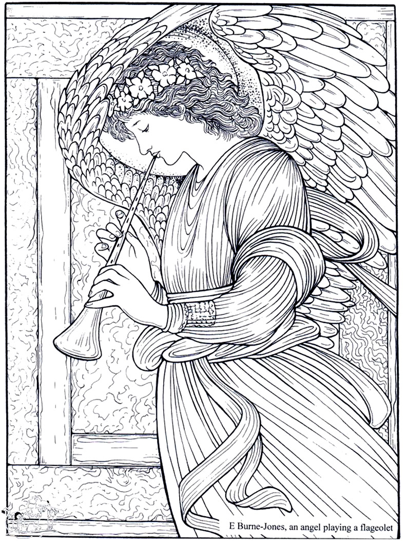 Edward Burne Jones - Ein Engel spielt ein Flageolett (Ausmalbild von Kunstwerk zum Ausdrucken und Ausmalen für Erwachsene)