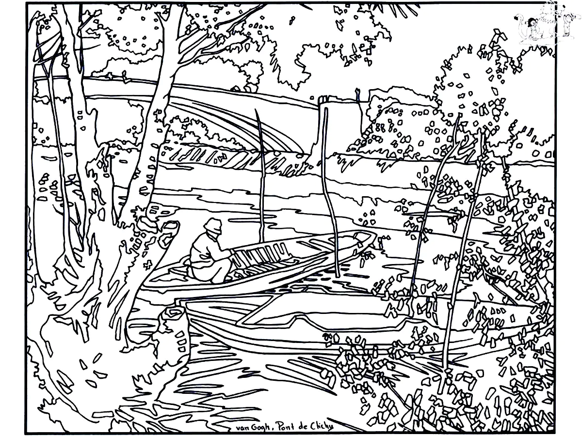 Vincent Van Gogh - Angeln im Frühling an der Brücke von Clichy (1887) (Ausmalbild von Kunstwerk zum Ausdrucken und Ausmalen für Erwachsene)