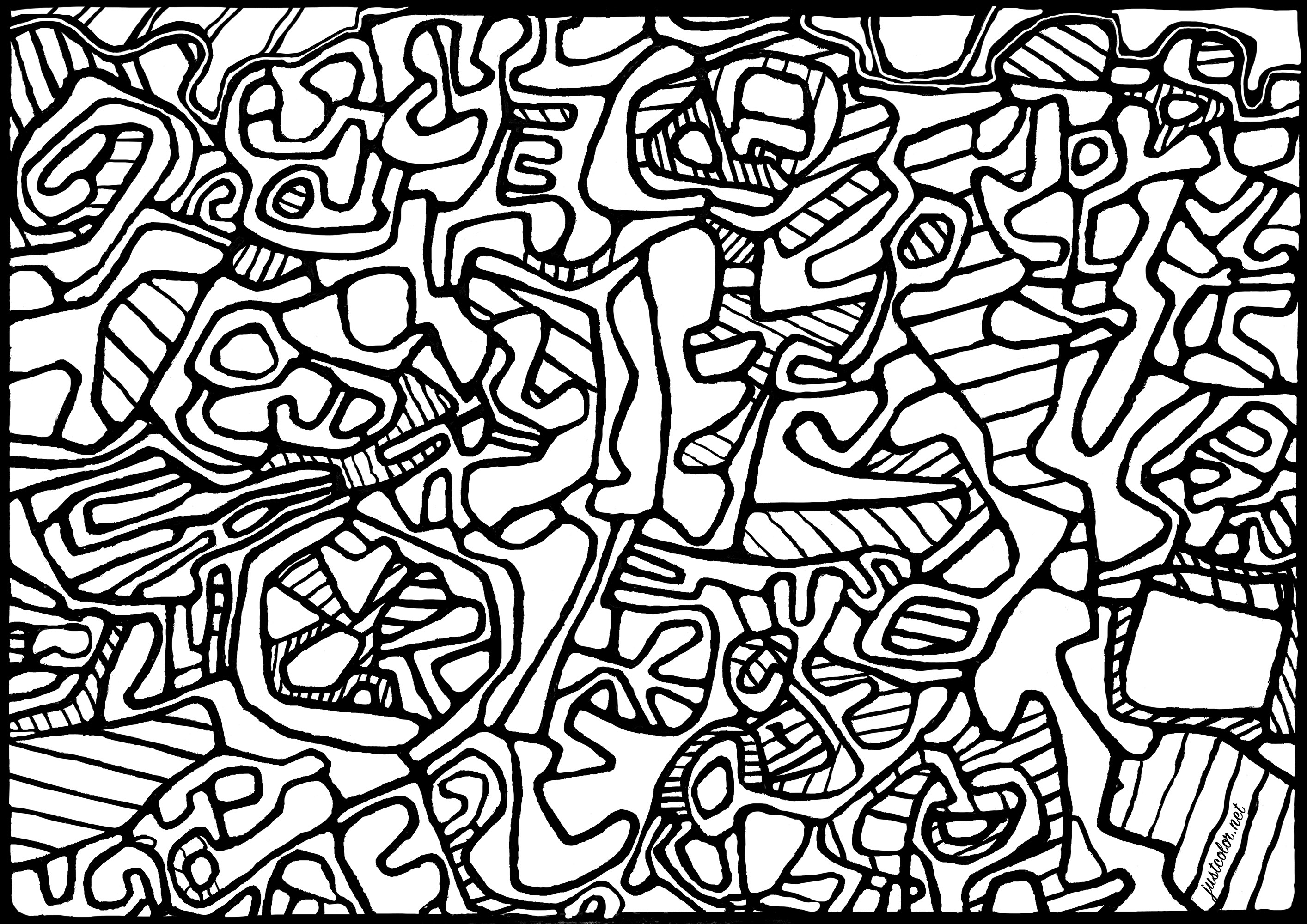 Ausmalen nach dem Gemälde 'Jardin L'Hourloupe' von Jean Dubuffet (1966). Jean Dubuffet begann seine Karriere als Landschafts- und Porträtmaler. Er interessierte sich für den freien, instinktiven Ausdruck des ungeschulten Künstlers, gründete die Art-Brut-Bewegung und schuf zahlreiche Werke in dieser Ästhetik, wobei er Materialien wie Beton und Erde verwendete. Er entwickelte auch das Konzept der 'Hourloupe', ein fantastisches Universum, das von seltsamen, grotesken Figuren bevölkert wird. Dubuffet war auch ein leidenschaftlicher Sammler von Art Brut und legte eine bedeutende Sammlung an, die weltweit ausgestellt wurde.