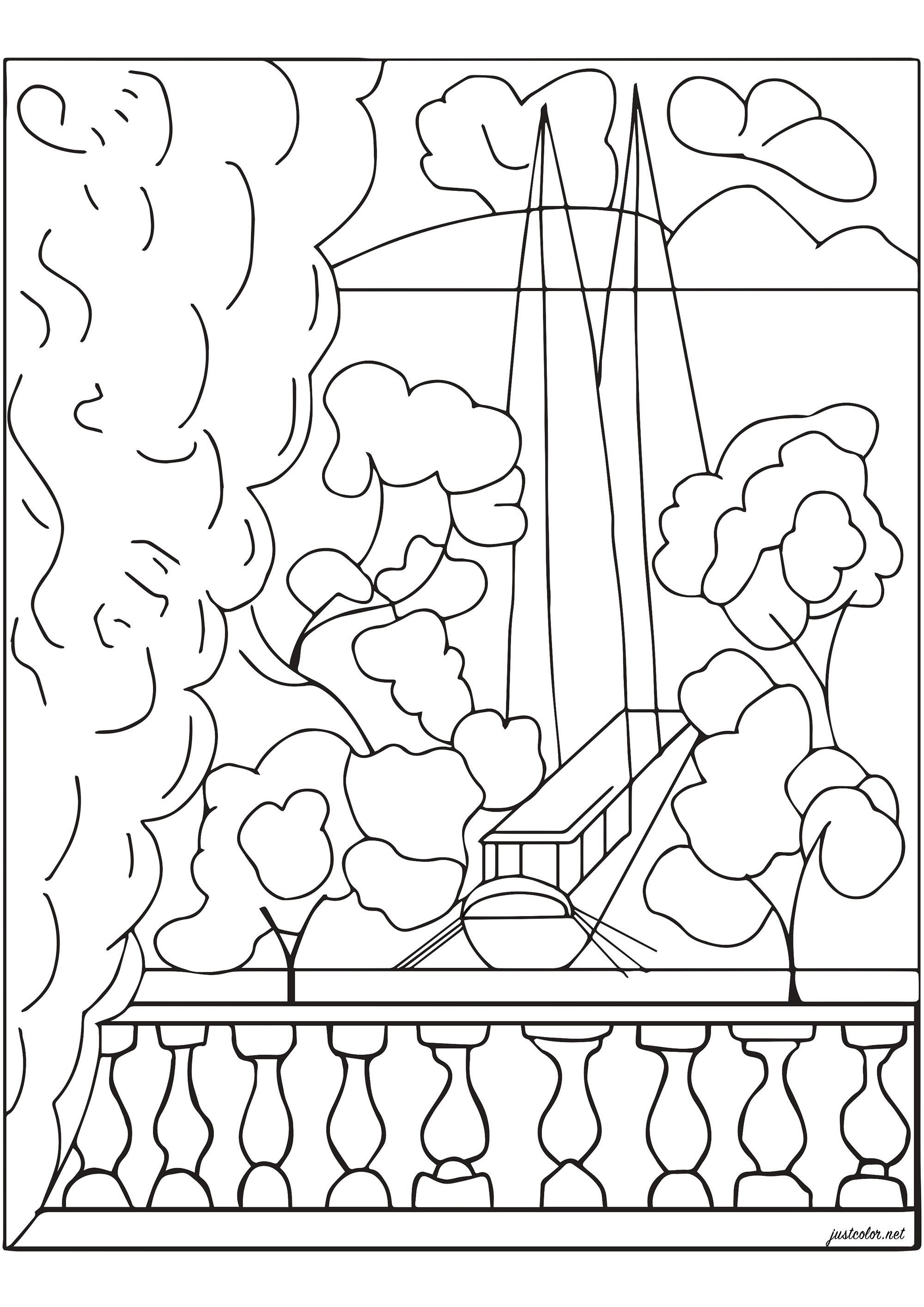 Ausmalbild nach 'Fenster in Tahiti' (1935) von Henri Matisse. Ein Besuch des französischen Künstlers Henri Matisse auf Tahiti im Jahr 1930 inspirierte ihn zu diesem Werk mit dem Titel 'Fenêtre à Tahiti' (Fenster auf Tahiti). Dieses Werk aus dem Jahr 1935 ist das Ergebnis der Meditation des Künstlers über die Metapher des offenen Fensters, Künstler : Jade F