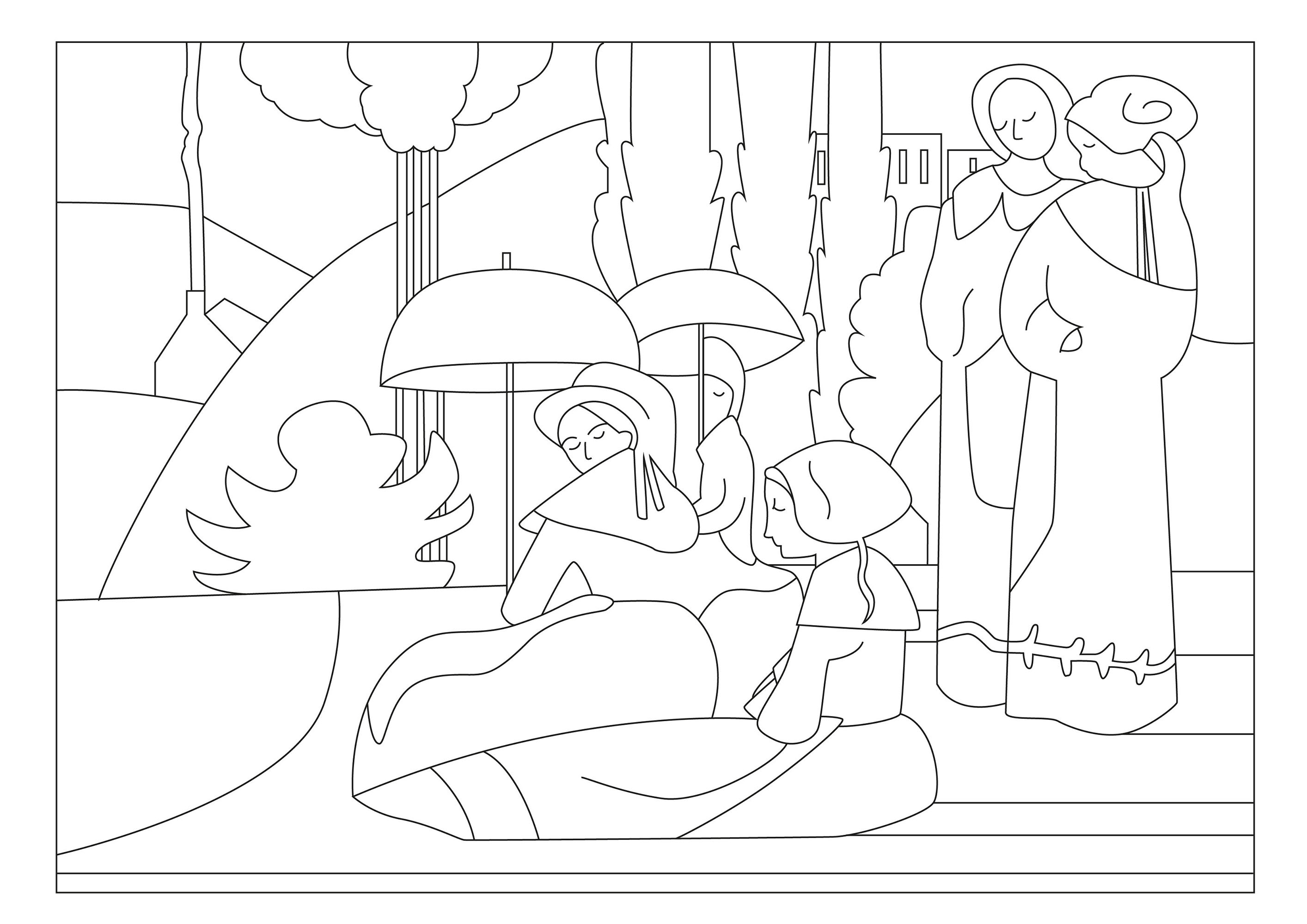 Ausmalbild nach dem Gemälde Bretonische Frauen mit Regenschirmen (1892) von Emilie Bernard. Dieses Gemälde zeigt eine Gruppe bretonischer Frauen in ihren traditionellen Trachten, die im strahlenden Sonnenschein spazieren gehen, wobei jede einen Regenschirm in der Hand hält, um sich vor den sengenden Strahlen zu schützen, Künstler : Gaelle Picard