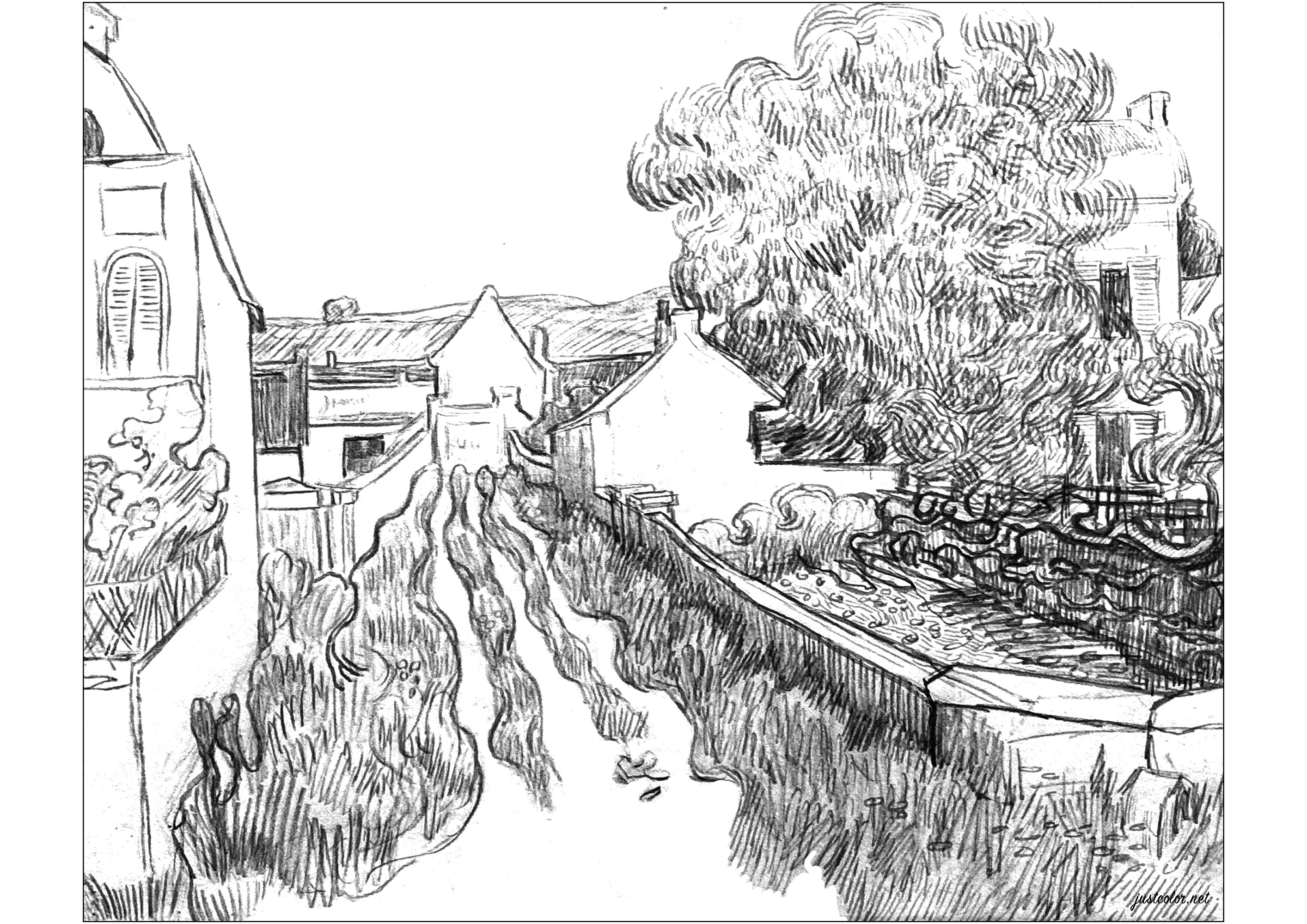 Dorfstraße (Skizze aus dem Jahr 1890, von Vincent Van Gogh). Kolorierung nach einer Skizze von Vincent Van Gogh aus dem Jahr 1890, die er am Ende seines Lebens in Auvers-sur-Oise malte, Künstler : Art'Isabelle