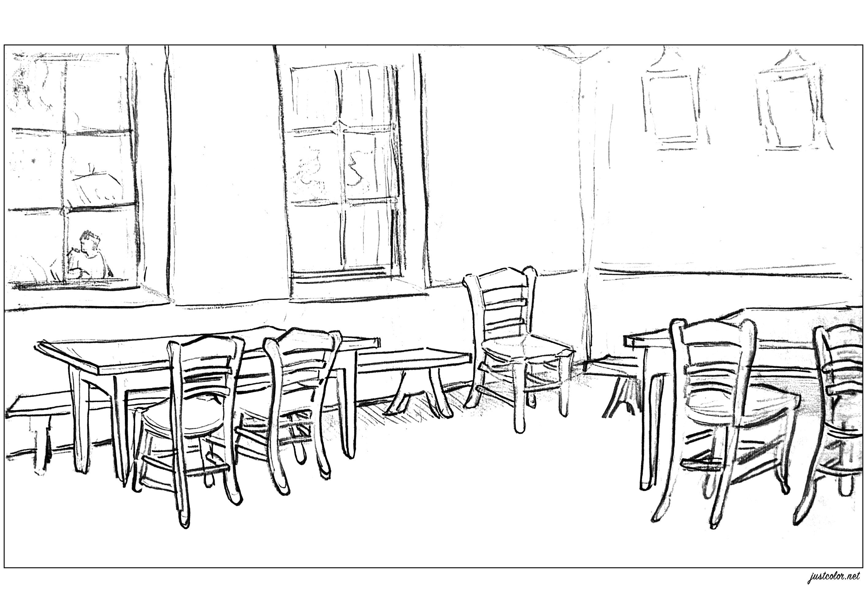 Interieur mit Tischen und Stühlen (Skizze von 1890, von Vincent Van Gogh). Kolorierung nach einer Skizze von Vincent Van Gogh aus dem Jahr 1890, die er am Ende seines Lebens in Auvers-sur-Oise malte, Künstler : Art'Isabelle