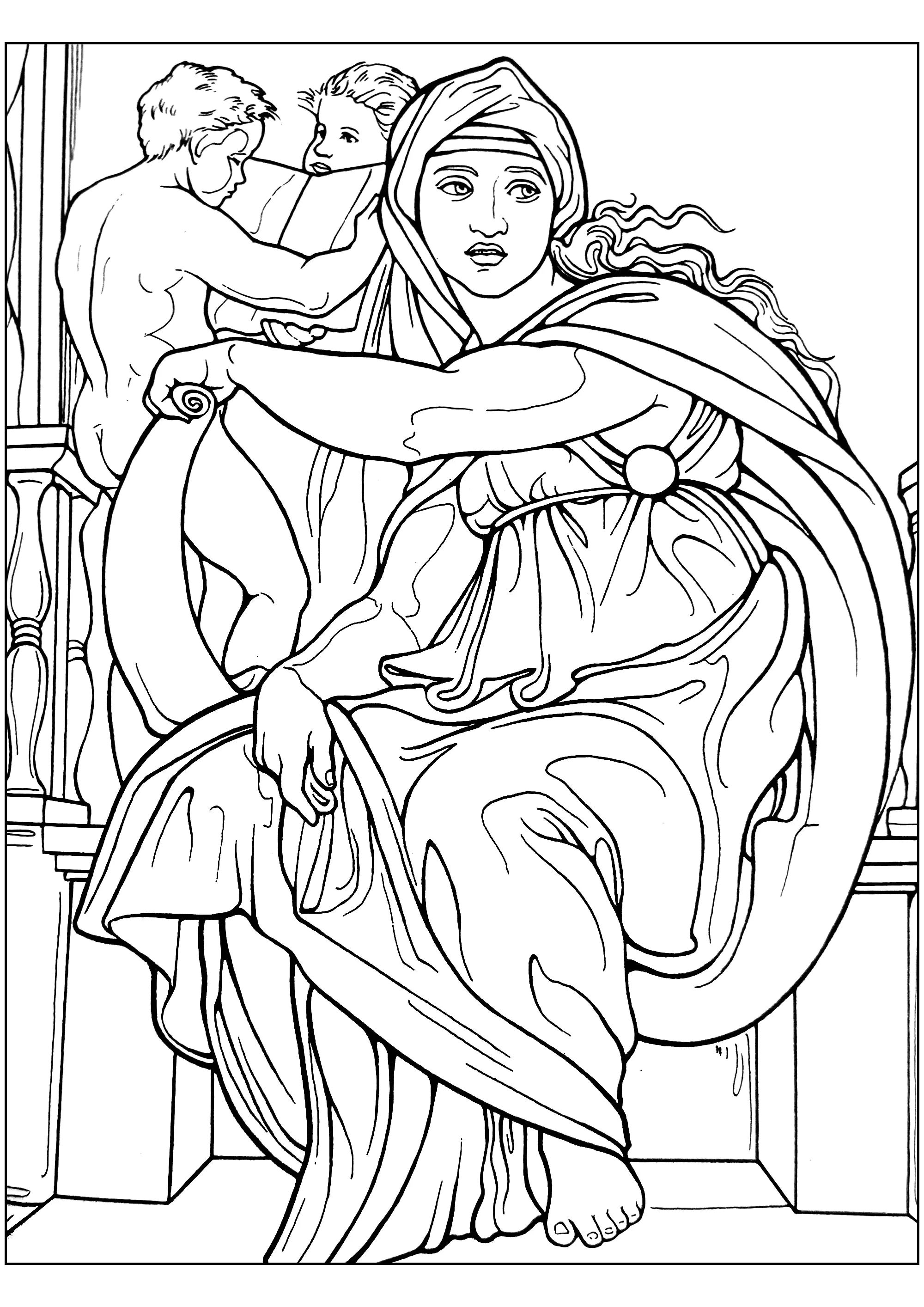 Michelangelo - Die Sibylle von Delphi (1509) (Ausmalbild von Kunstwerk zum Ausdrucken und Ausmalen für Erwachsene)