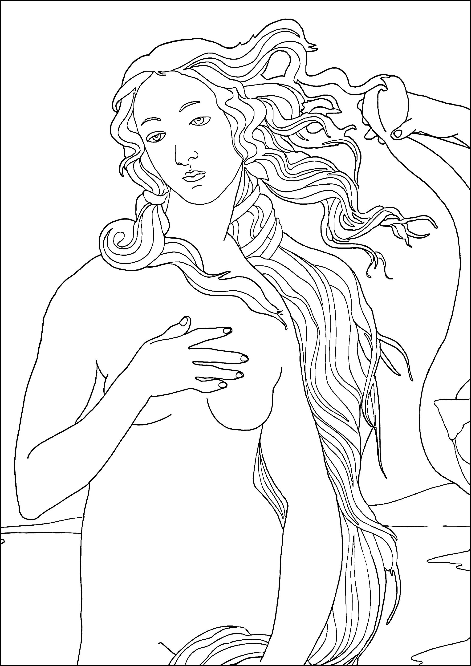 Sandro Botticelli - Die Geburt der Venus (1486) - Feinstrichfassung (Ausmalbild von Kunstwerk zum Ausdrucken und Ausmalen für Erwachsene)