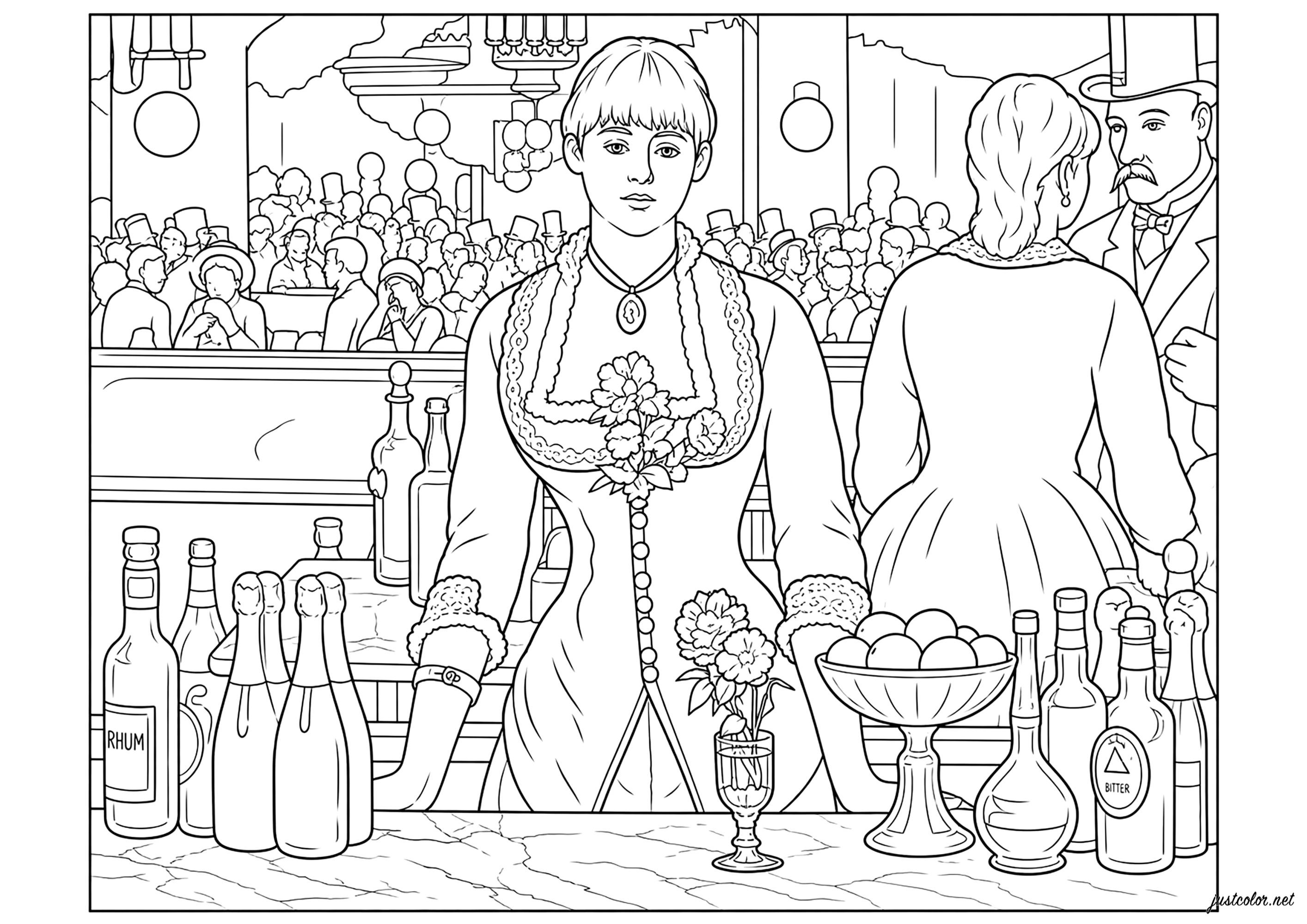 Farbiges Kunstwerk basierend auf: Eine Bar in den Folies-Bergère (1881-1882) von Édouard Manet (Ausmalbild zum Ausdrucken und Ausmalen für Erwachsene)