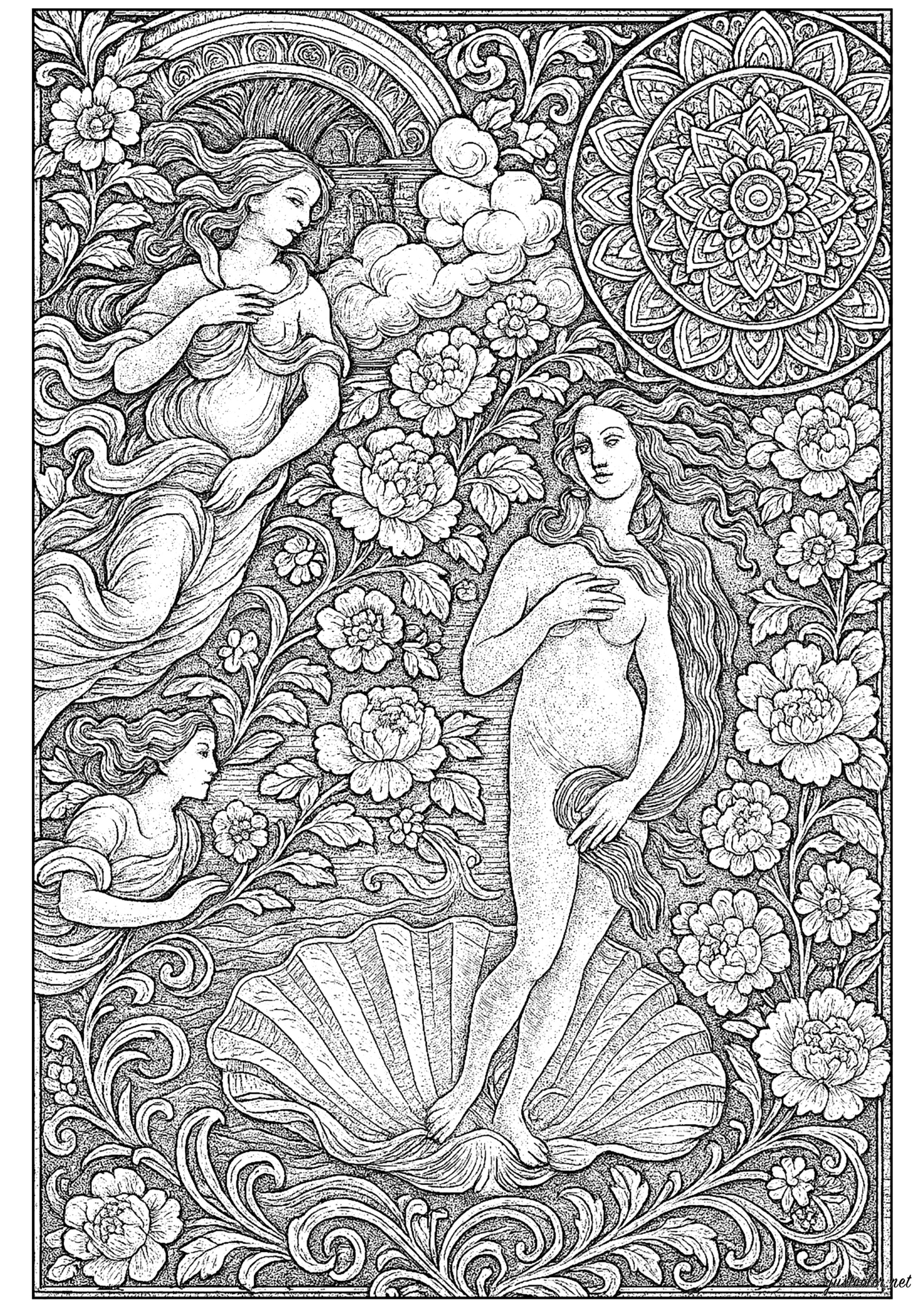 Die Geburt der Venus - Neuinterpretiert nach Botticelli (Ausmalbild von Kunstwerk zum Ausdrucken und Ausmalen für Erwachsene)