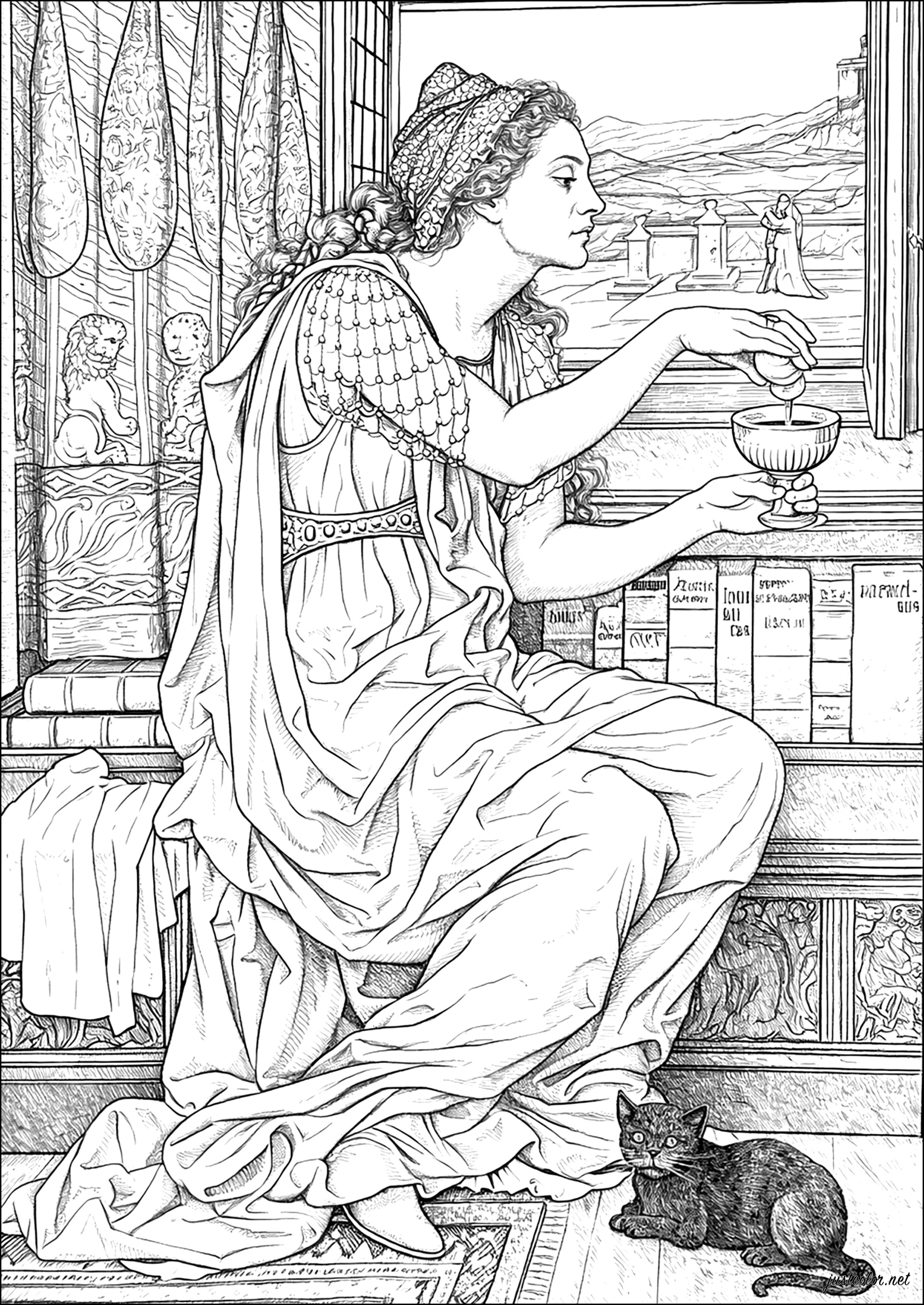 Der Liebestrank (1903), von Evelyn De Morgan (Ausmalbild von Kunstwerk zum Ausdrucken und Ausmalen für Erwachsene)