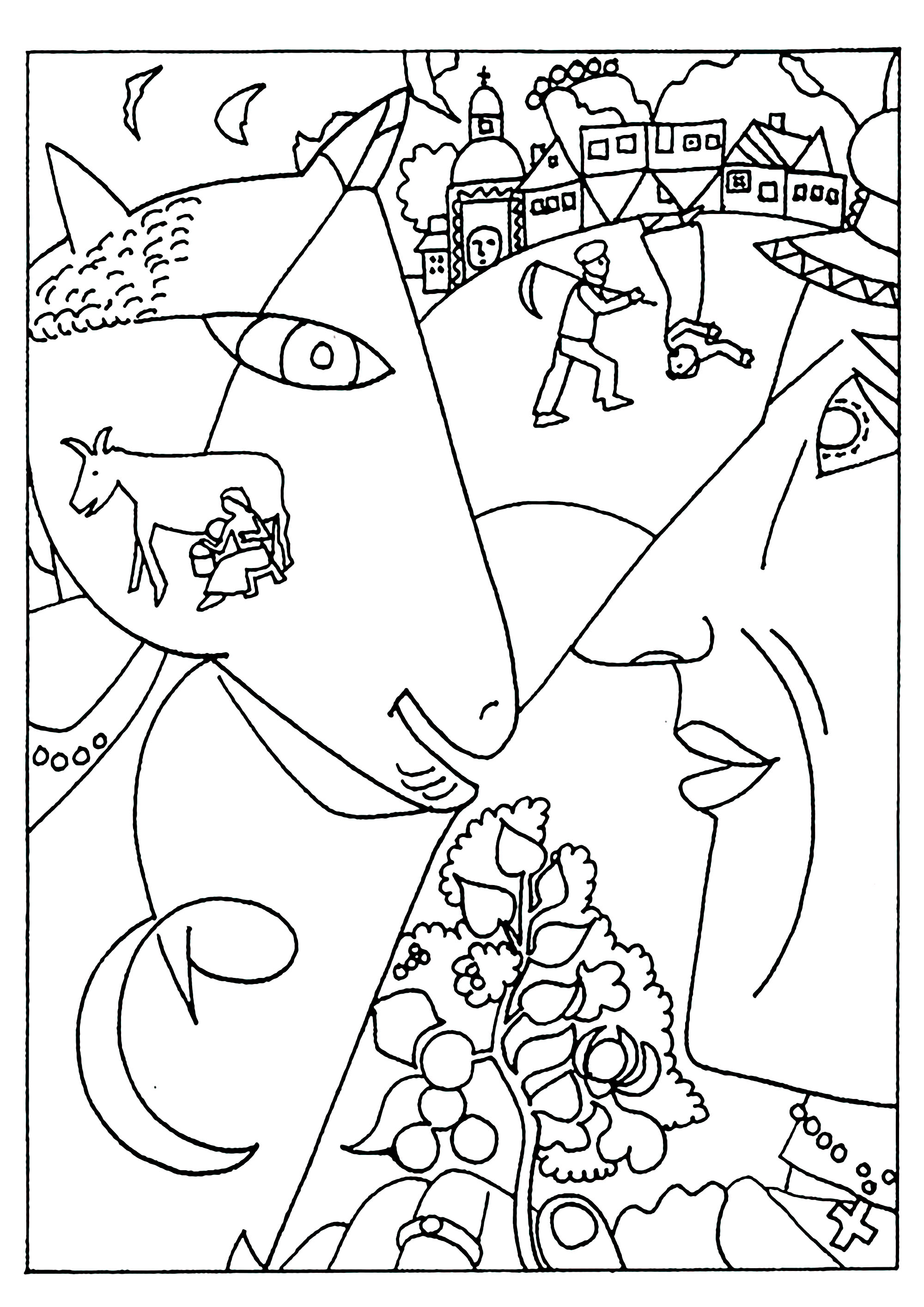 Marc Chagall - Ich und das Dorf (1911) (Ausmalbild von Kunstwerk) Marc Chagall - Ich und das Dorf (1911) (Ausmalbild von Kunstwerk zum Ausdrucken und Ausmalen für Erwachsene)
