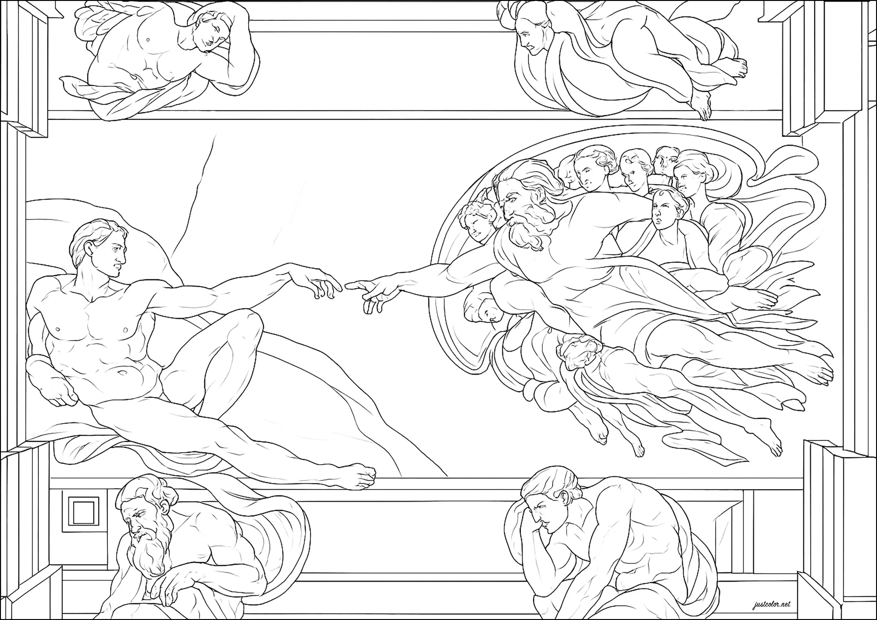 Die Erschaffung Adams, von Michelangelo, gemalt an der Decke der Sixtinischen Kapelle im Vatikan, um - 1511 (Ausmalbild von Kunstwerk zum Ausdrucken und Ausmalen für Erwachsene)