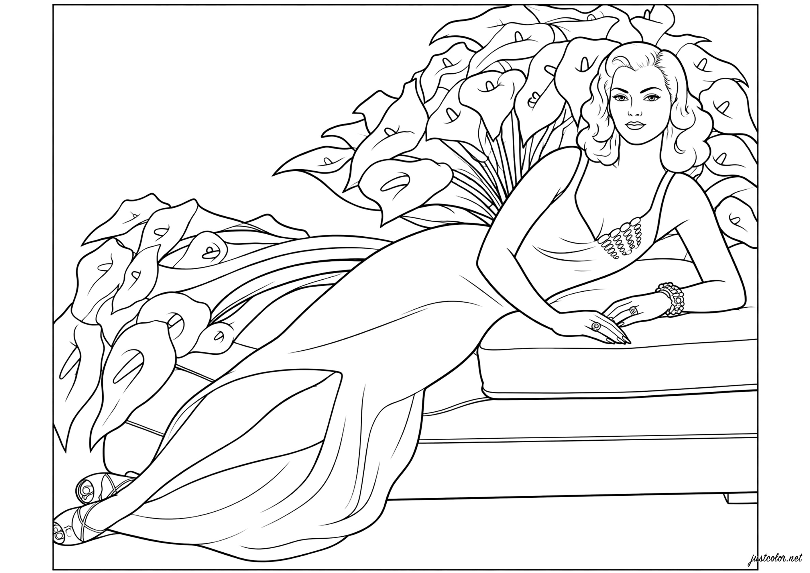 Retro-Eleganz und exotische Blumen (Ausmalbild von Kunstwerk zum Ausdrucken und Ausmalen für Erwachsene)