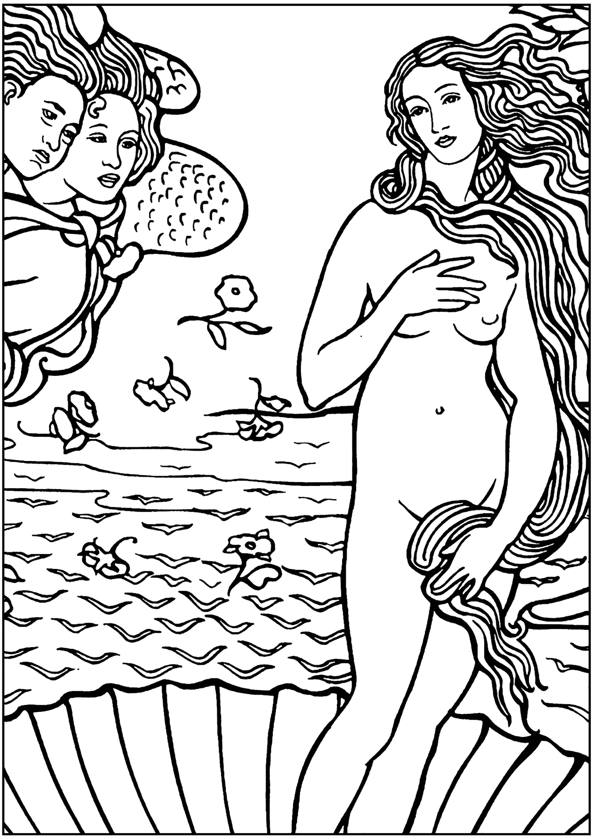Sandro Botticelli - Die Geburt der Venus (1486) - beschnittene Version - 2 (Ausmalbild von Kunstwerk zum Ausdrucken und Ausmalen für Erwachsene)