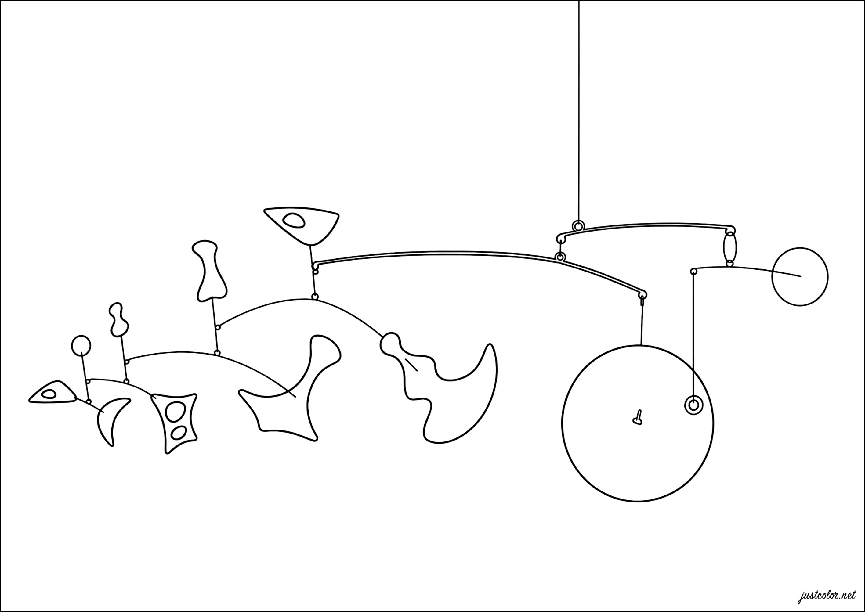 Alexander Calder - Verstreute Objekte mit Messinggong (1948) (Ausmalbild von Kunstwerk zum Ausdrucken und Ausmalen für Erwachsene)