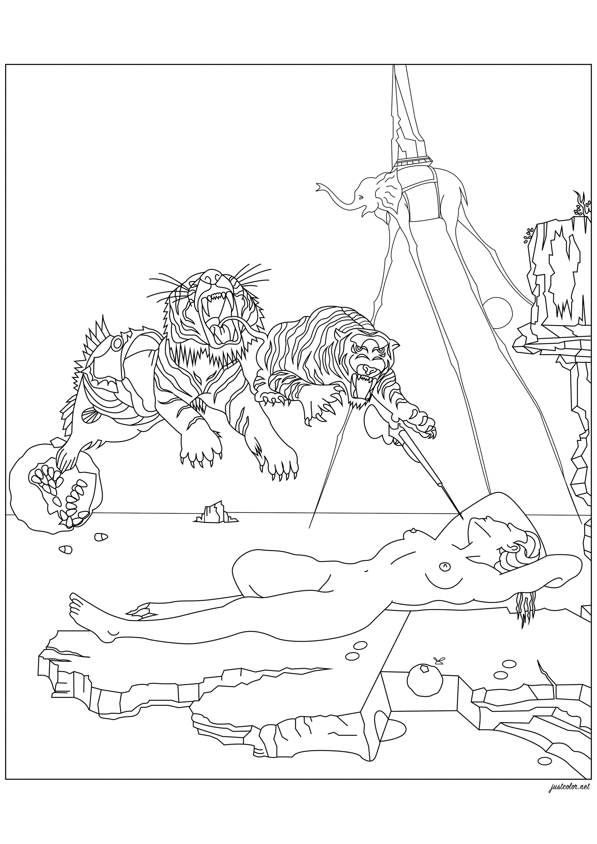 Salvador Dalí - Traum, ausgelöst durch den Flug einer Biene um einen Granatapfel, eine Sekunde vor dem Erwachen (1944) (Ausmalbild von Kunstwerk zum Ausdrucken und Ausmalen für Erwachsene)