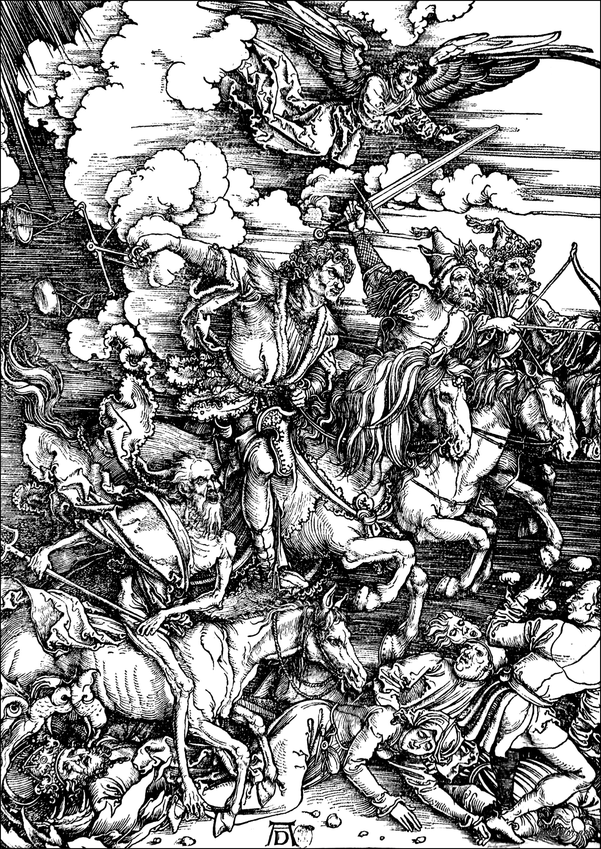 Die Vier Apokalyptischen Reiter, von Albrecht Dürer (Ausmalbild von Kunstwerk zum Ausdrucken und Ausmalen für Erwachsene)