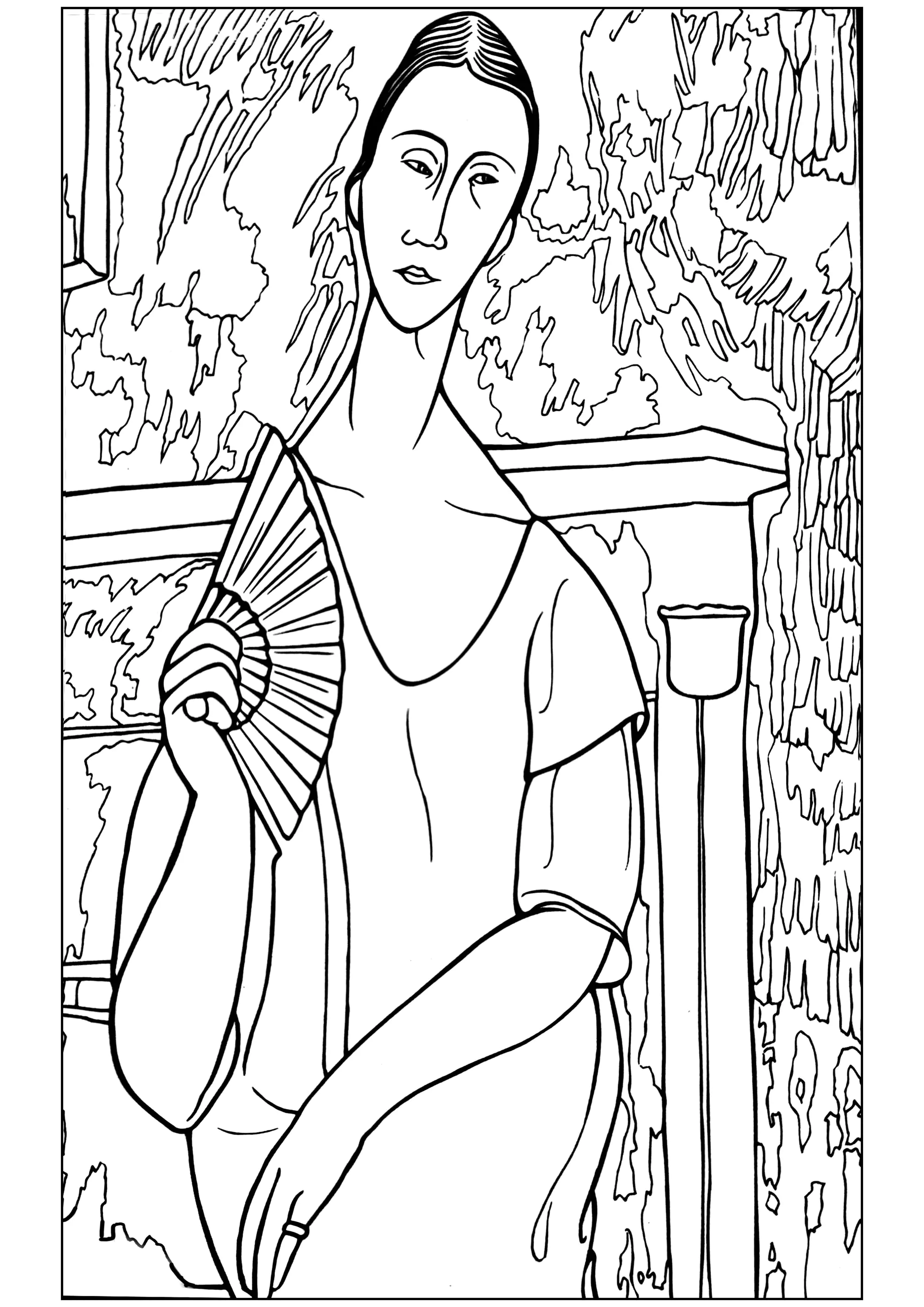 Amedeo Modigliani - Frau mit Fächer (Lunia Czechowska) (1919) (Ausmalbild von Kunstwerk zum Ausdrucken und Ausmalen für Erwachsene)