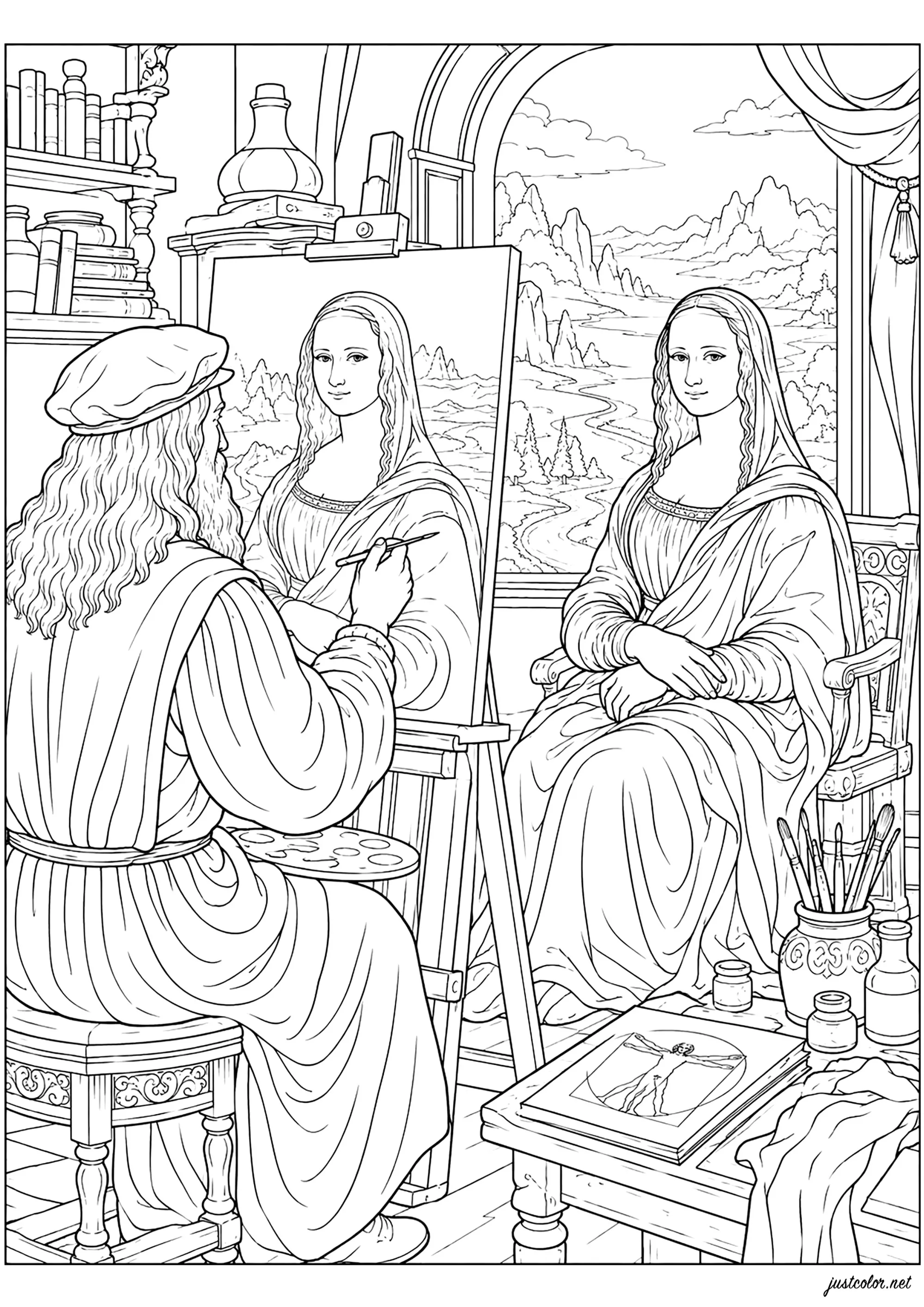 Leonardo da Vinci beim Malen der Mona Lisa (Ausmalbild von Kunstwerk zum Ausdrucken und Ausmalen für Erwachsene)