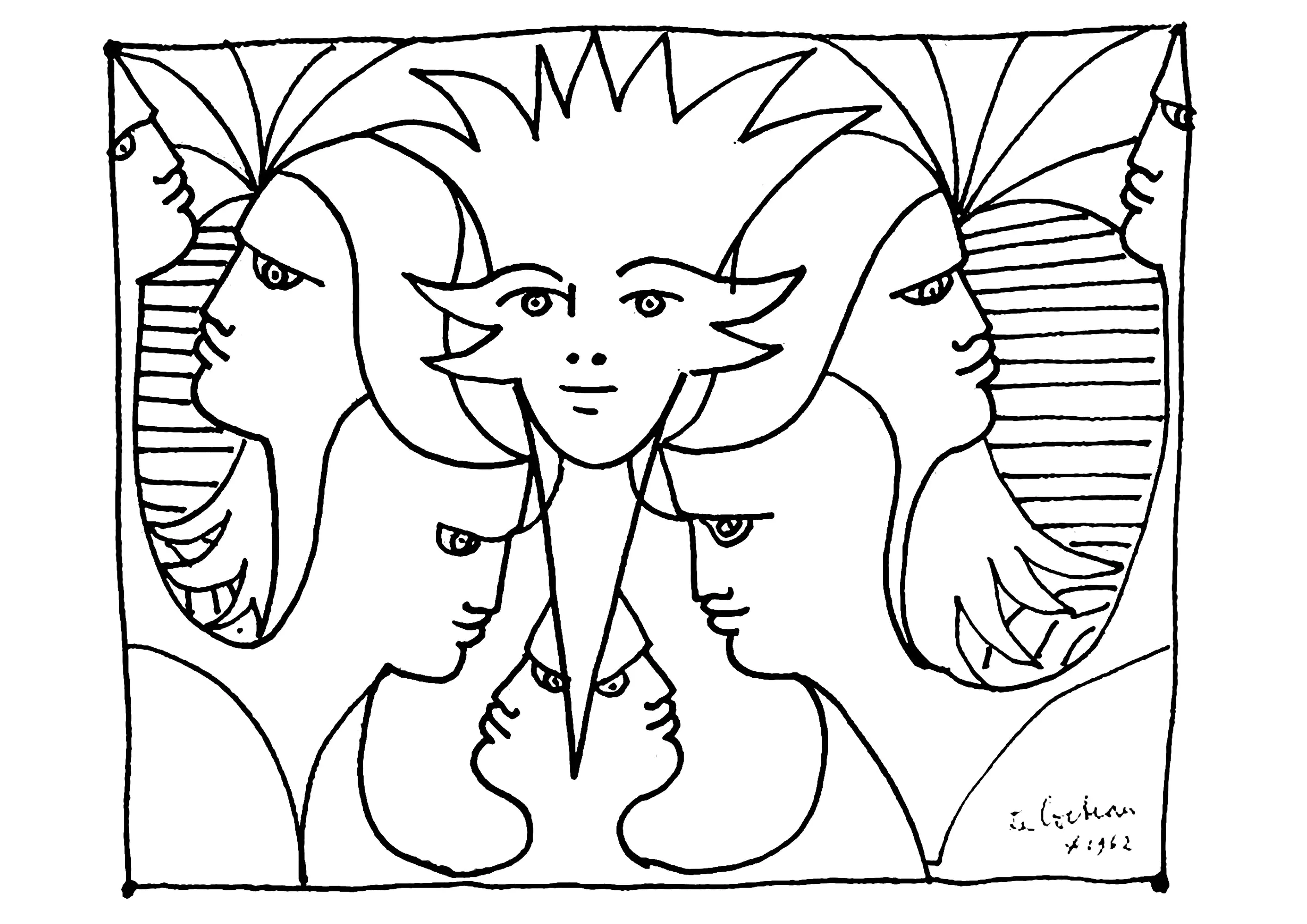 Jean Cocteau - Die Menge der Gesichter (1962) (Ausmalbild von Kunstwerk zum Ausdrucken und Ausmalen für Erwachsene)