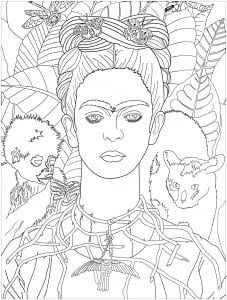 Frida Kahlo - Selbstbildnis mit Dornenhalskette und Kolibri (1940) - Feinstrichversion (Ausmalbild von Kunstwerk)