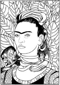 Frida Kahlo - Selbstbildnis mit dem Affen (1938) (Ausmalbild von Kunstwerk)