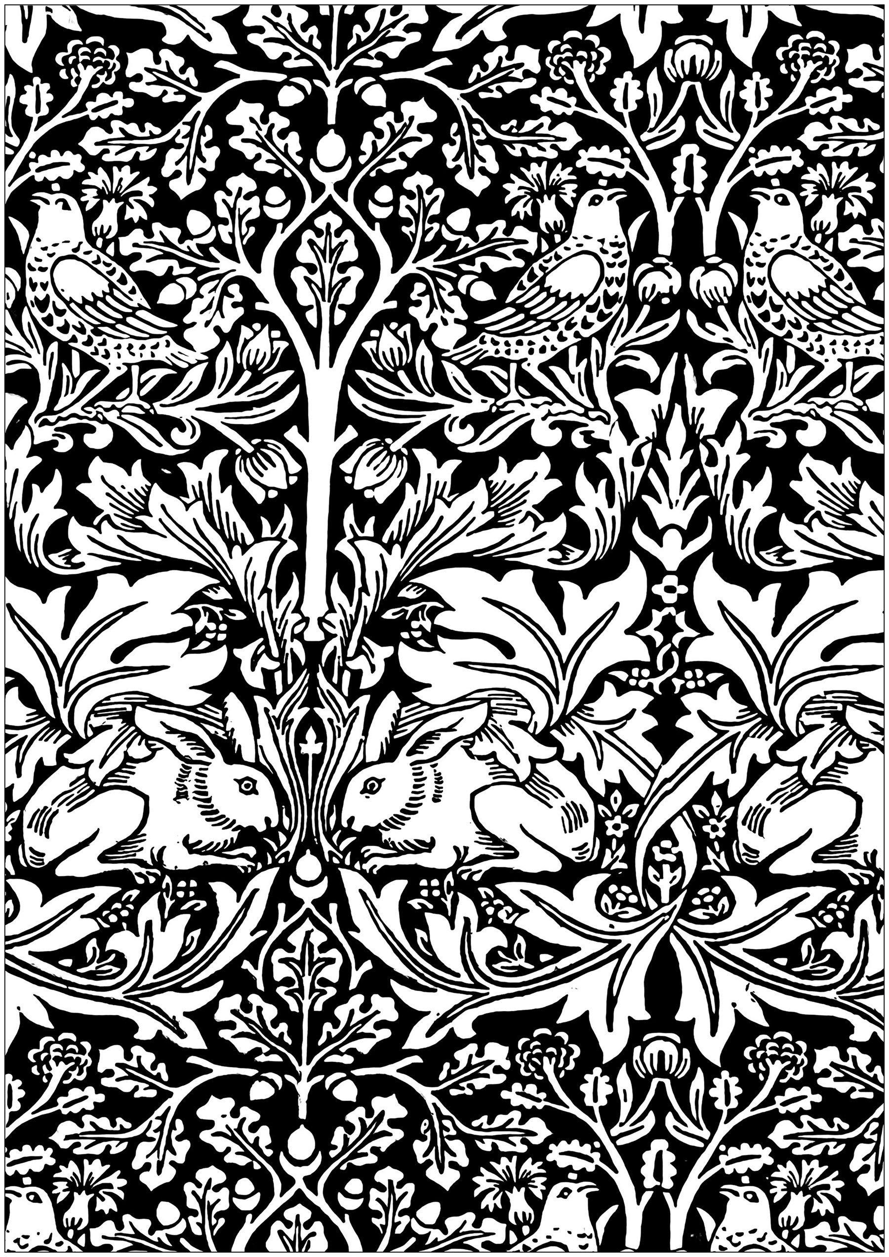 Ausmalbild nach einem bedruckten Baumwollkarton von William Morris: 'Bruder Kaninchen' (1882). Der Titel ist inspiriert von dem traditionellen afroamerikanischen Märchen 'Brer Rabbit', das 1881 von Joel Chandler Harris bearbeitet und veröffentlicht wurde.Morris' Verwendung der gepaarten Tiere und Vögel inmitten von fantastischem Blattwerk in diesem Entwurf verdeutlicht sein Interesse an mittelalterlichen europäischen Textilien.