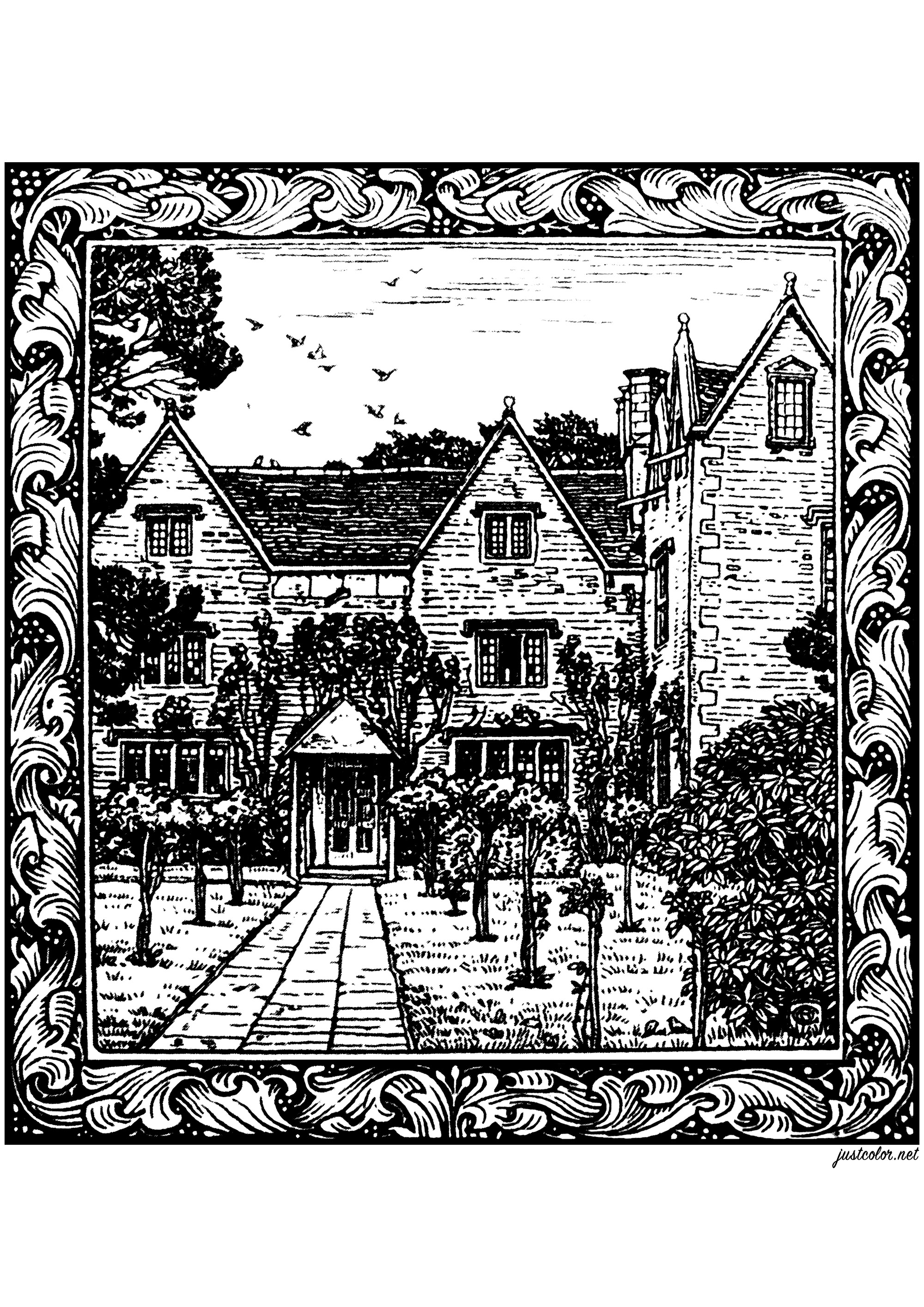 Illustration des 'Roten Hauses' von William Morris. The Red House ist ein Landhaus, das 1859 von dem Architekten Philip Webb für den Designer und Kunsttheoretiker William Morris entworfen wurde. Es befindet sich in Bexleyheath, Kent, England.Das Red House wurde als funktionales und komfortables Familienhaus entworfen, spiegelt aber auch die ästhetischen Ideale von Morris und seinen Freunden hinsichtlich der Bedeutung von Handwerkskunst und Schönheit in der alltäglichen Umgebung wider. Berühmt ist das Haus auch für seine Innenausstattung, die von Morris selbst entworfen wurde und Gemälde, Tapeten und bedruckte Stoffe umfasst, die von seiner eigenen Firma hergestellt wurden.