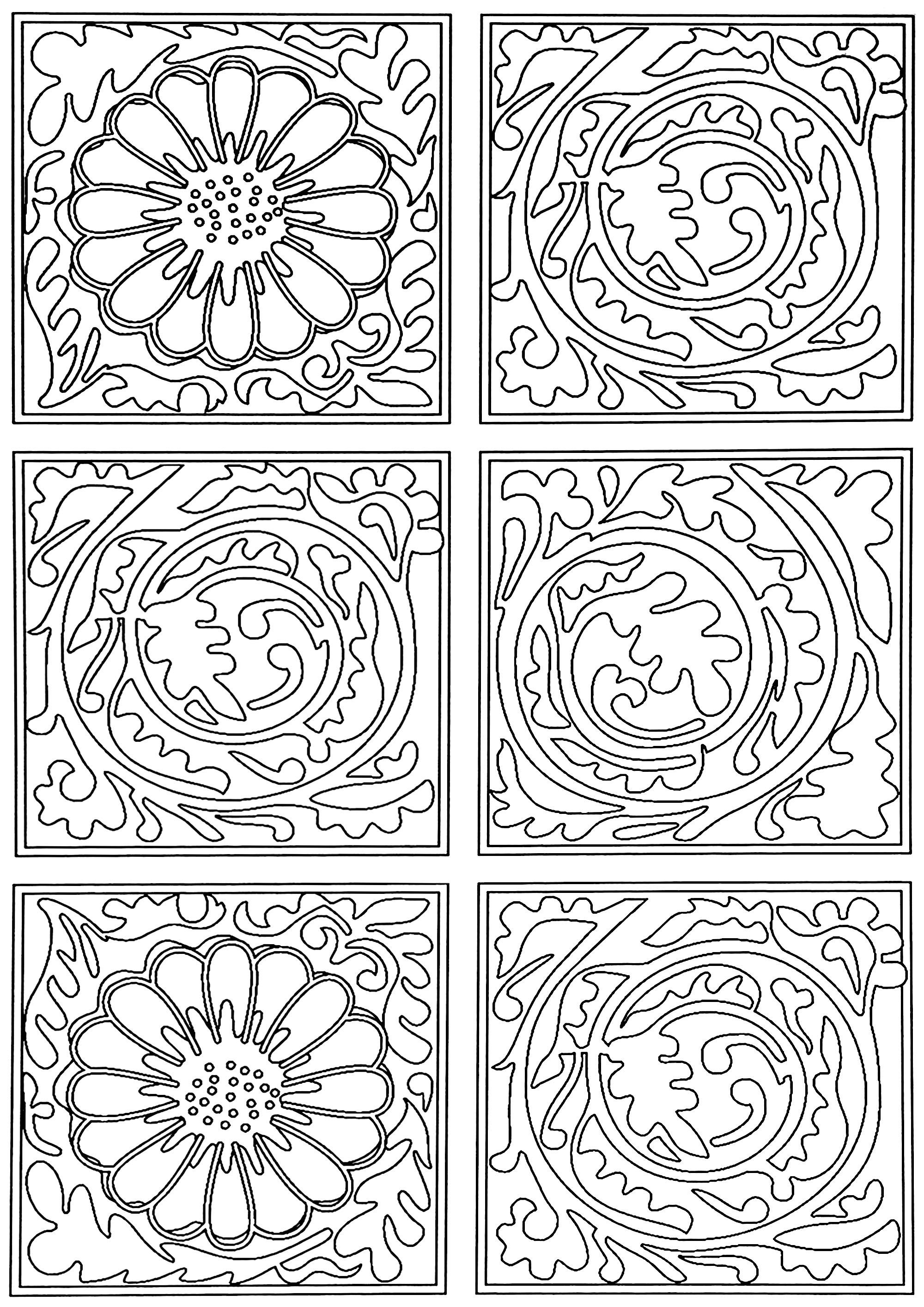Ausmalbild nach dem Tapetenmuster von William Morris: 'Diaper' aus dem Jahr 1870. Dieses Muster besteht aus Quadraten mit Blattrollen, die von Quadraten mit Blumen unterbrochen werden.