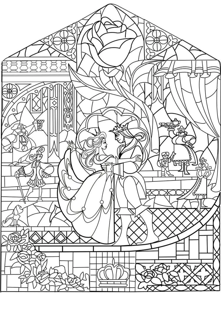Prinz und Prinzessin in einer Malvorlage, die Jugendstil und die Disney-Welt verbindet (Rückkehr zur Kindheit)