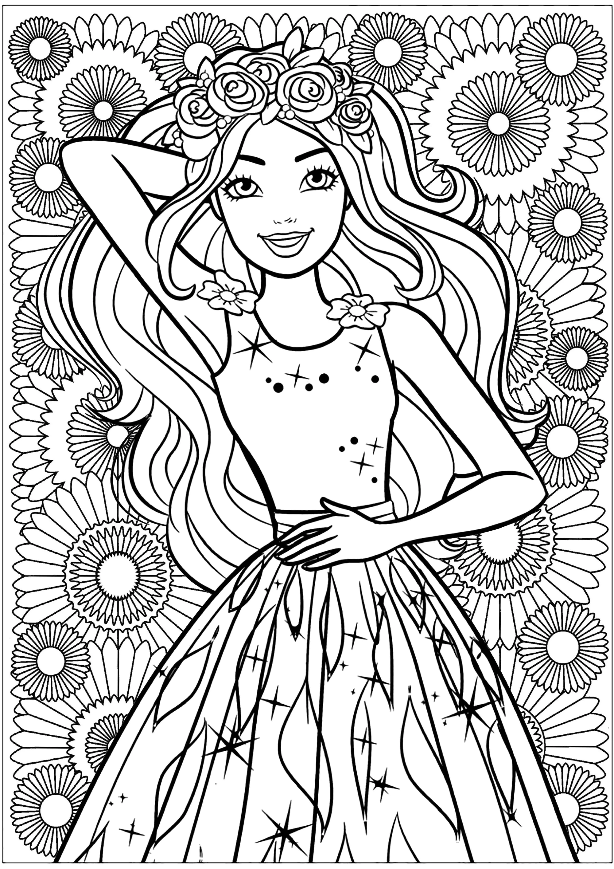 Hübsche Barbie mit floralem Hintergrund (Ausmalbild Rückkehr zur Kindheit zum Ausdrucken und Ausmalen für Erwachsene)