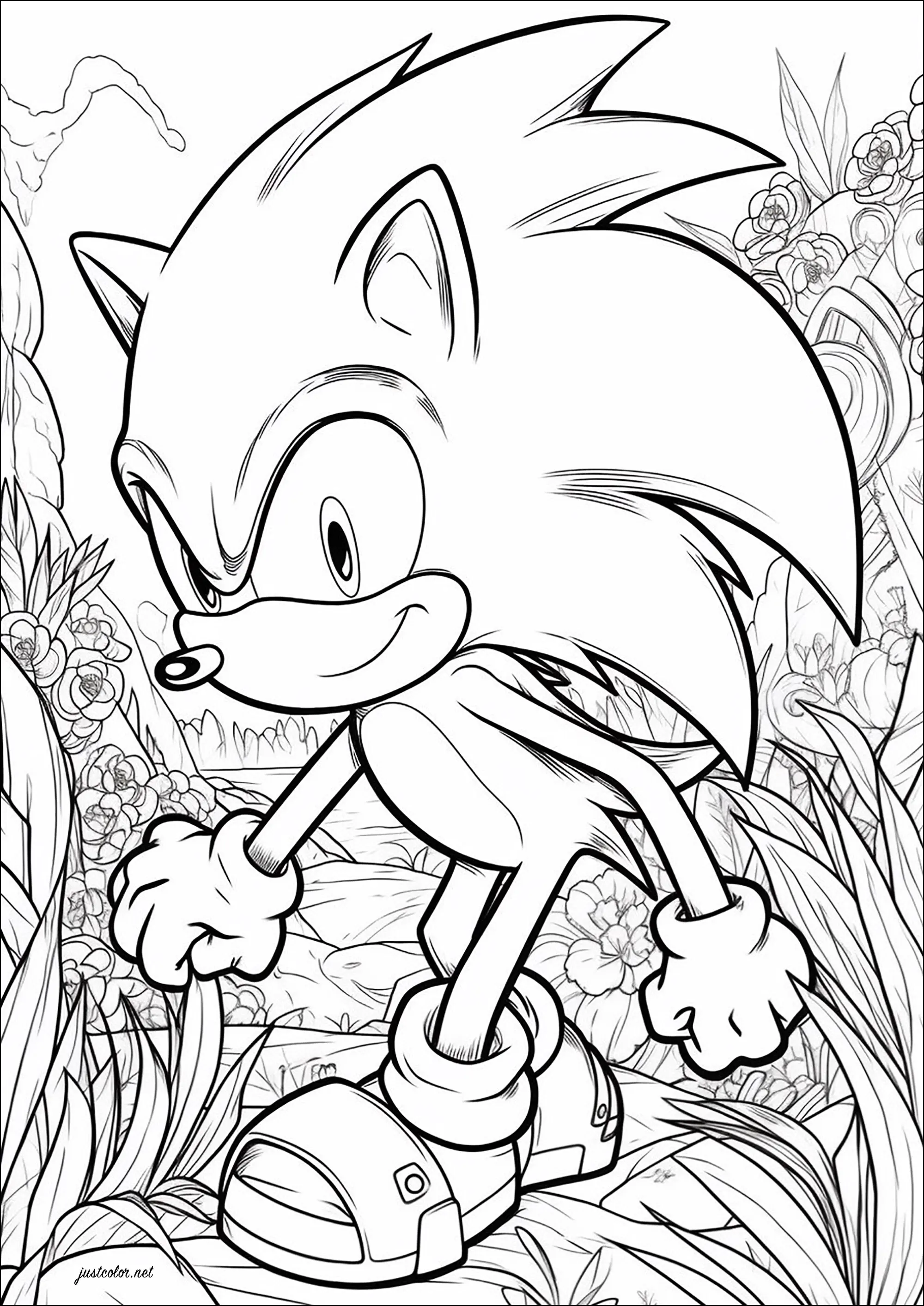 Sonic the Hedgehog und blumiger Hintergrund (Ausmalbild Rückkehr zur Kindheit zum Ausdrucken und Ausmalen für Erwachsene)