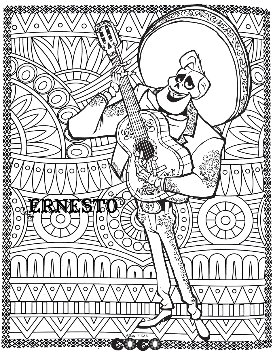Coco : Ernesto (Ausmalbild Rückkehr zur Kindheit zum Ausdrucken und Ausmalen für Erwachsene)