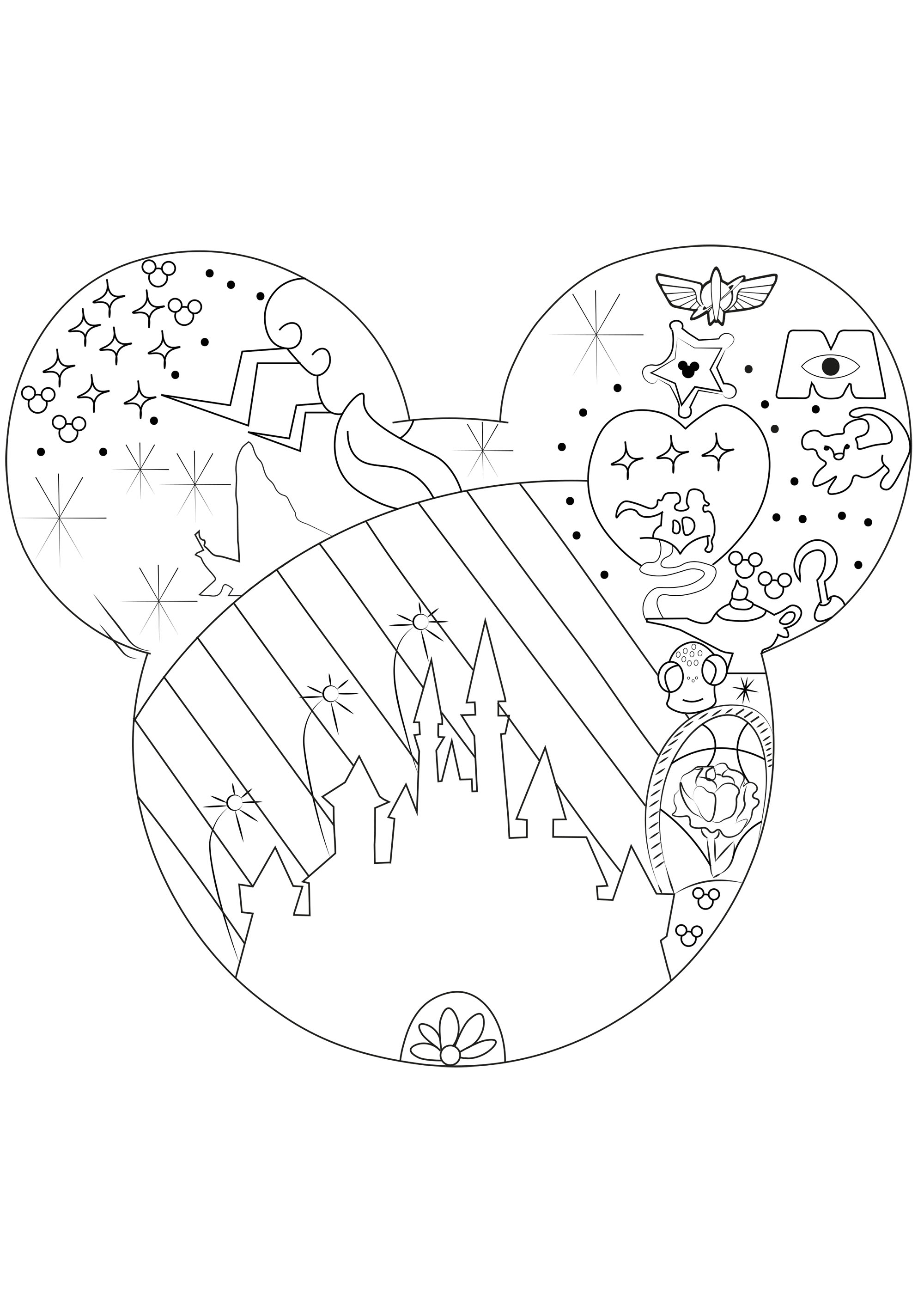 Verschiedene Symbole aus dem großen Disney & Pixar Classics, integriert in einen riesigen Mickey's Kopf