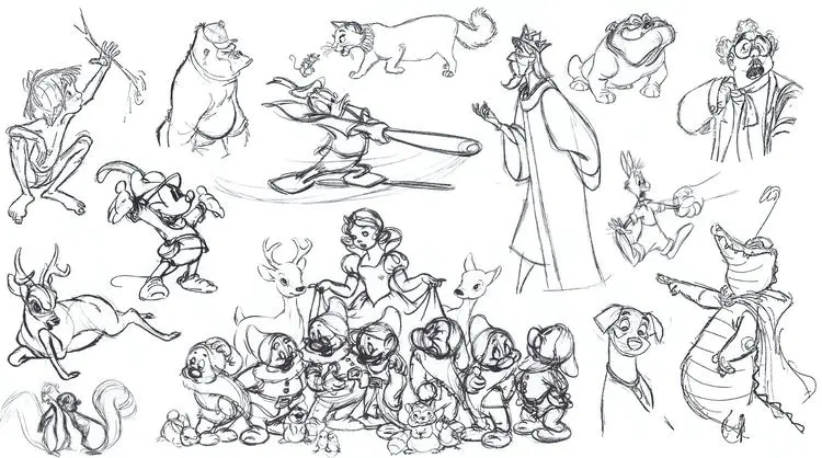 Skizzen von verschiedenen Disney-Figuren (1) (Ausmalbild Rückkehr zur Kindheit zum Ausdrucken und Ausmalen für Erwachsene)