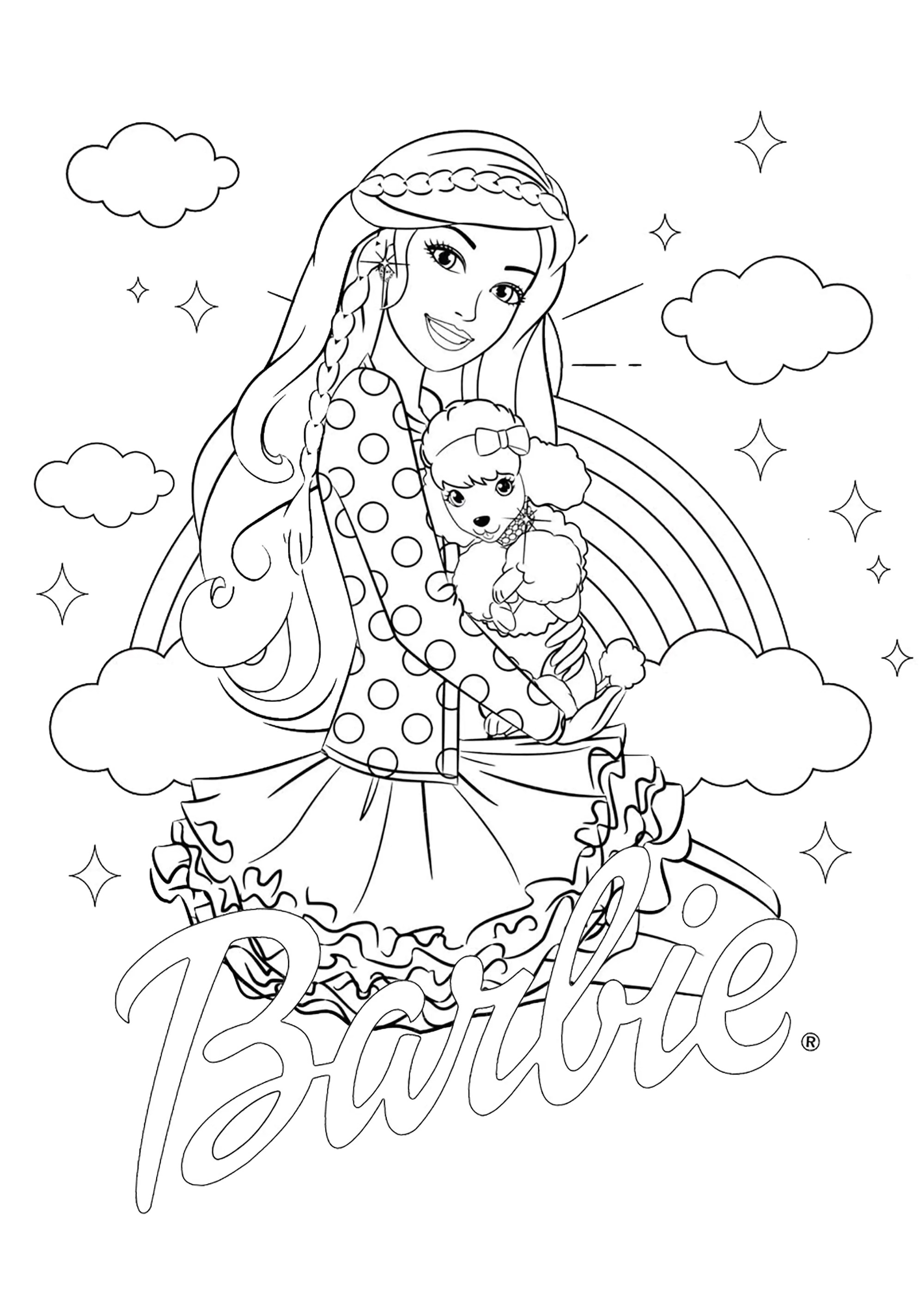 Barbie und ihr Hund (Ausmalbild Rückkehr zur Kindheit zum Ausdrucken und Ausmalen für Erwachsene)
