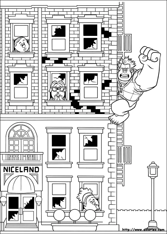 Ralphs Welten: Ralph zerstört ein Gebäude (Ausmalbild Rückkehr zur Kindheit zum Ausdrucken und Ausmalen für Erwachsene)