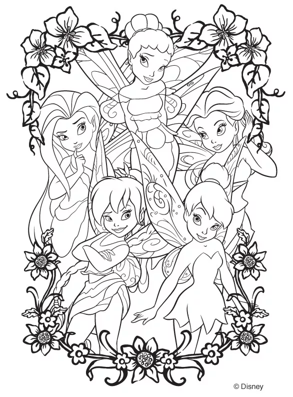 Tinker Bell und ihre Freunde (Ausmalbild Rückkehr zur Kindheit zum Ausdrucken und Ausmalen für Erwachsene)