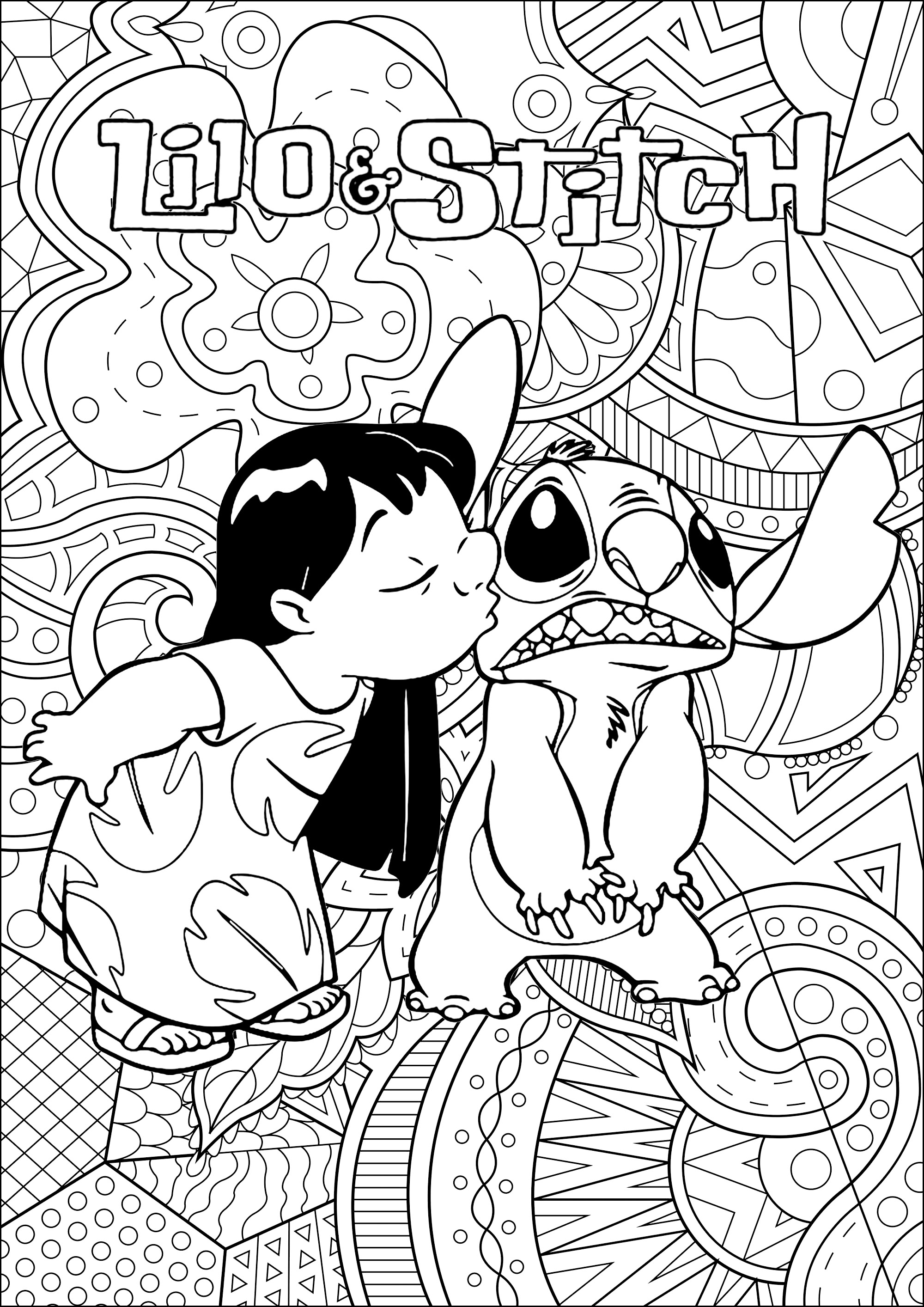 Lilo und Stitch (Disney) Malvorlage mit kompliziertem Hintergrund. Die Geschichte von Lilo und Stitch? Stitch wird auf der Erde angespült, mitten im Pazifik, auf der Insel Hawaii. Der kleine Außerirdische wird bald von Lilo aufgenommen, einem liebenswerten sechsjährigen Mädchen, das ihn für einen ausgesetzten Hund hält ...
