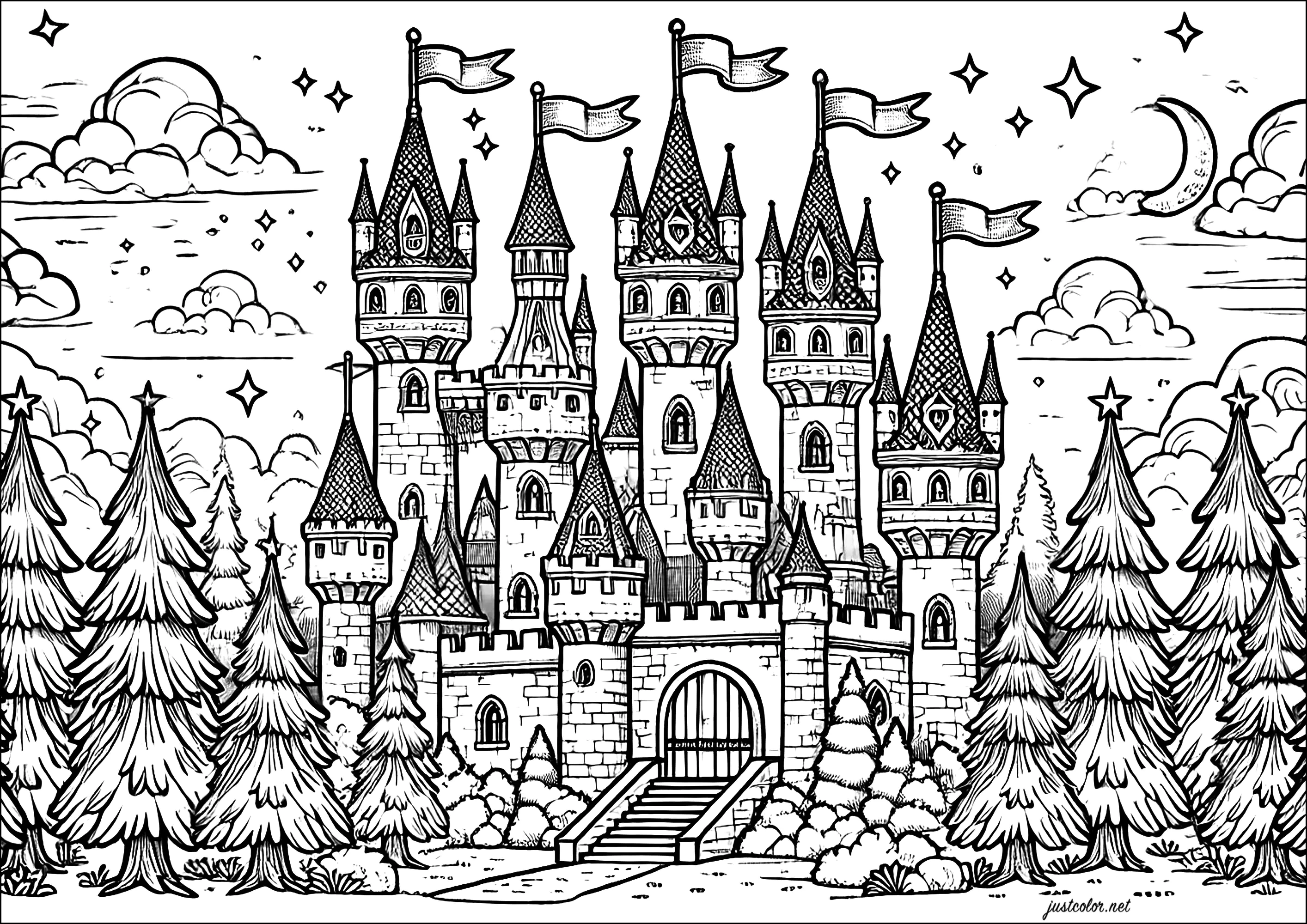 Erhabenes Märchenschloss (Ausmalbild Rückkehr zur Kindheit zum Ausdrucken und Ausmalen für Erwachsene)