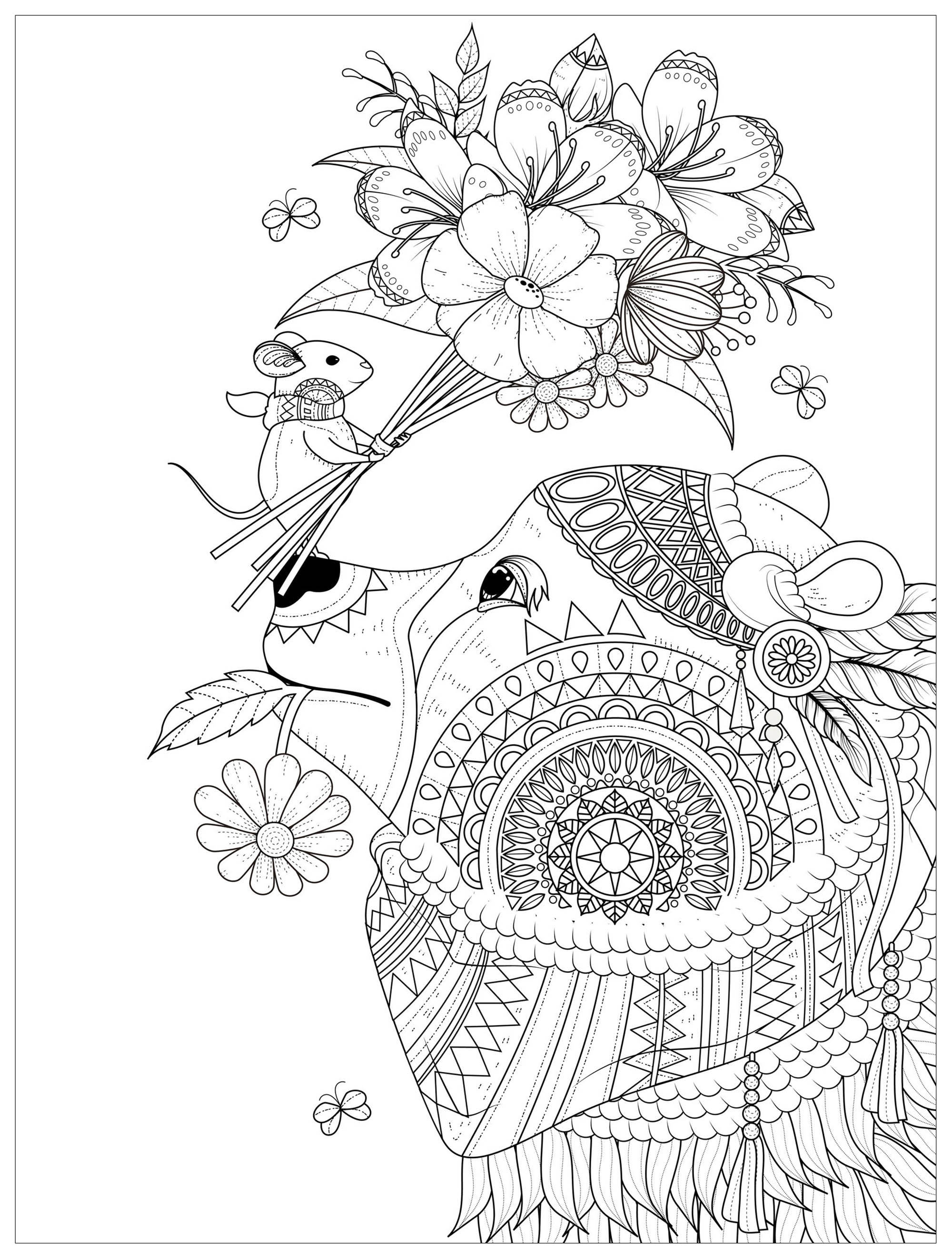 Kleine Maus bietet einen schönen Blumenstrauß für einen Bären. Unglaublich elegante Muster zum Ausmalen, Quelle : 123rf   Künstler : Kchung