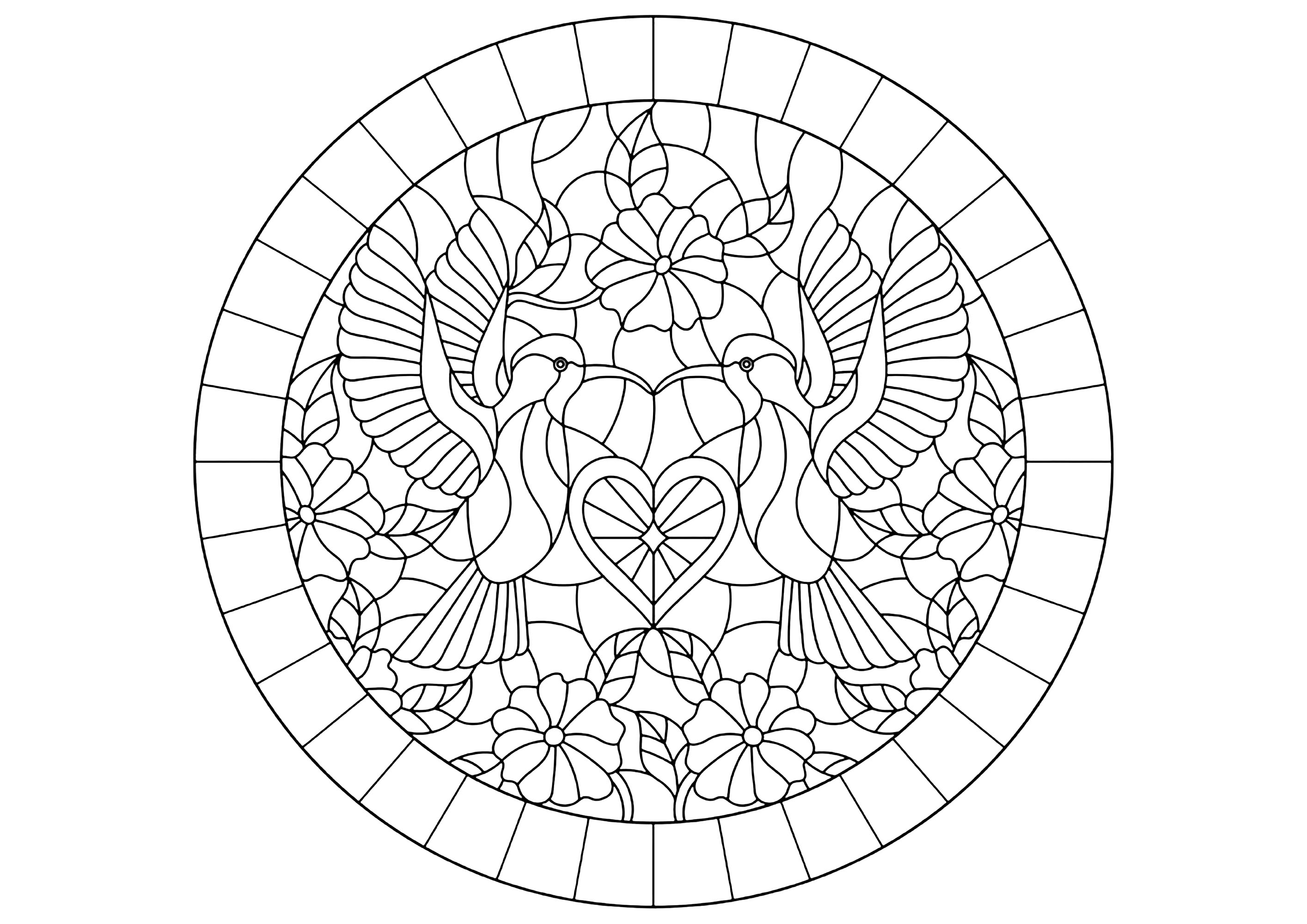 Zwei Vögel in einem Kreis, Glasmalerei (Ausmalbild) Zwei Vögel in einem Kreis, Glasmalerei (Ausmalbild zum Ausdrucken und Ausmalen für Erwachsene)