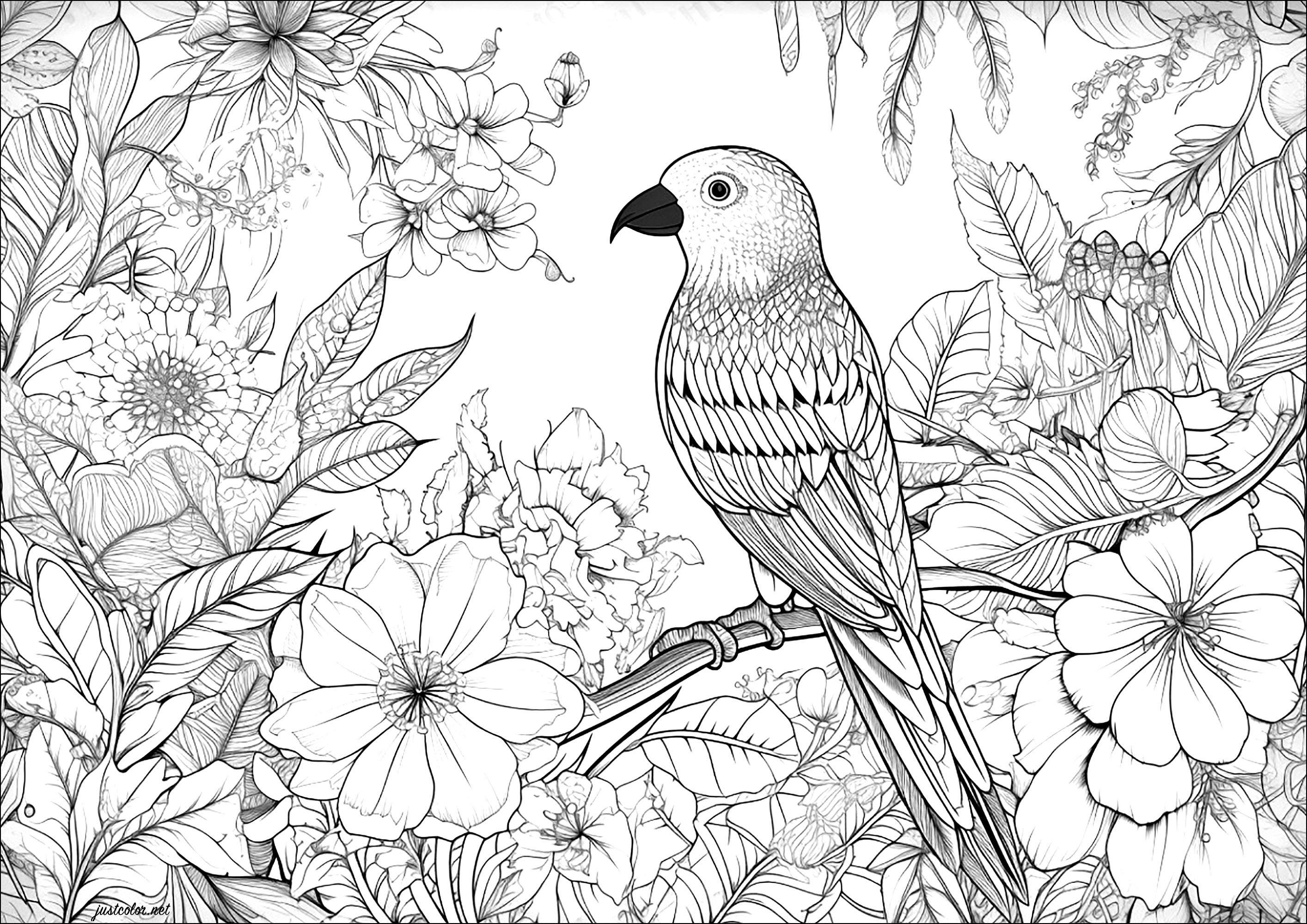 Schöner Vogel und blumiger Hintergrund. Eine Malvorlage mit vielen Details zum Ausmalen, sowohl beim Vogel als auch bei den Blumen im Hintergrund.
