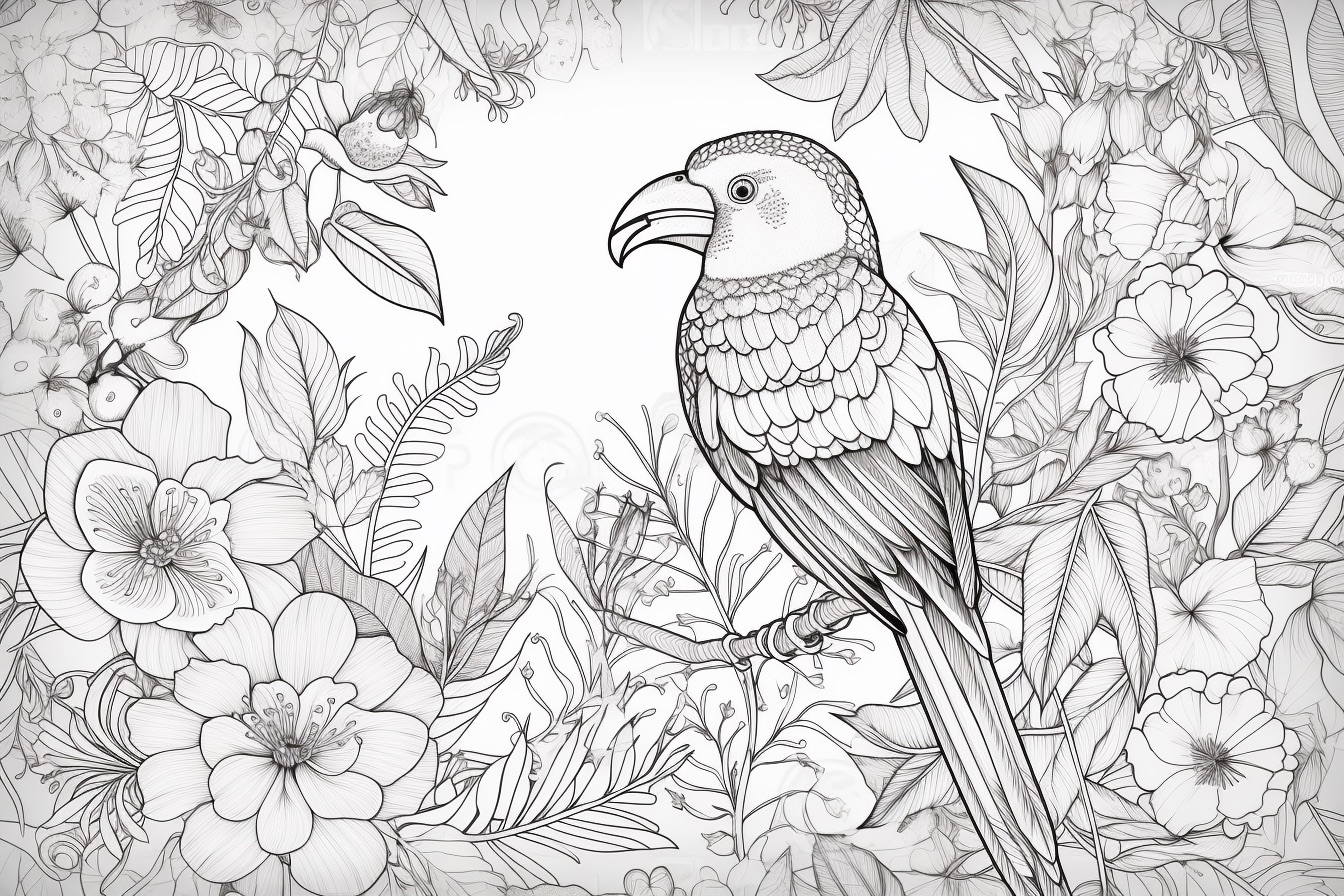 Tropischer Vogel und Blumen. Viele Pflanzendetails zum Ausmalen des Hintergrunds Tropischer Vogel und Blumen. Viele Pflanzendetails zum Ausmalen des Hintergrunds